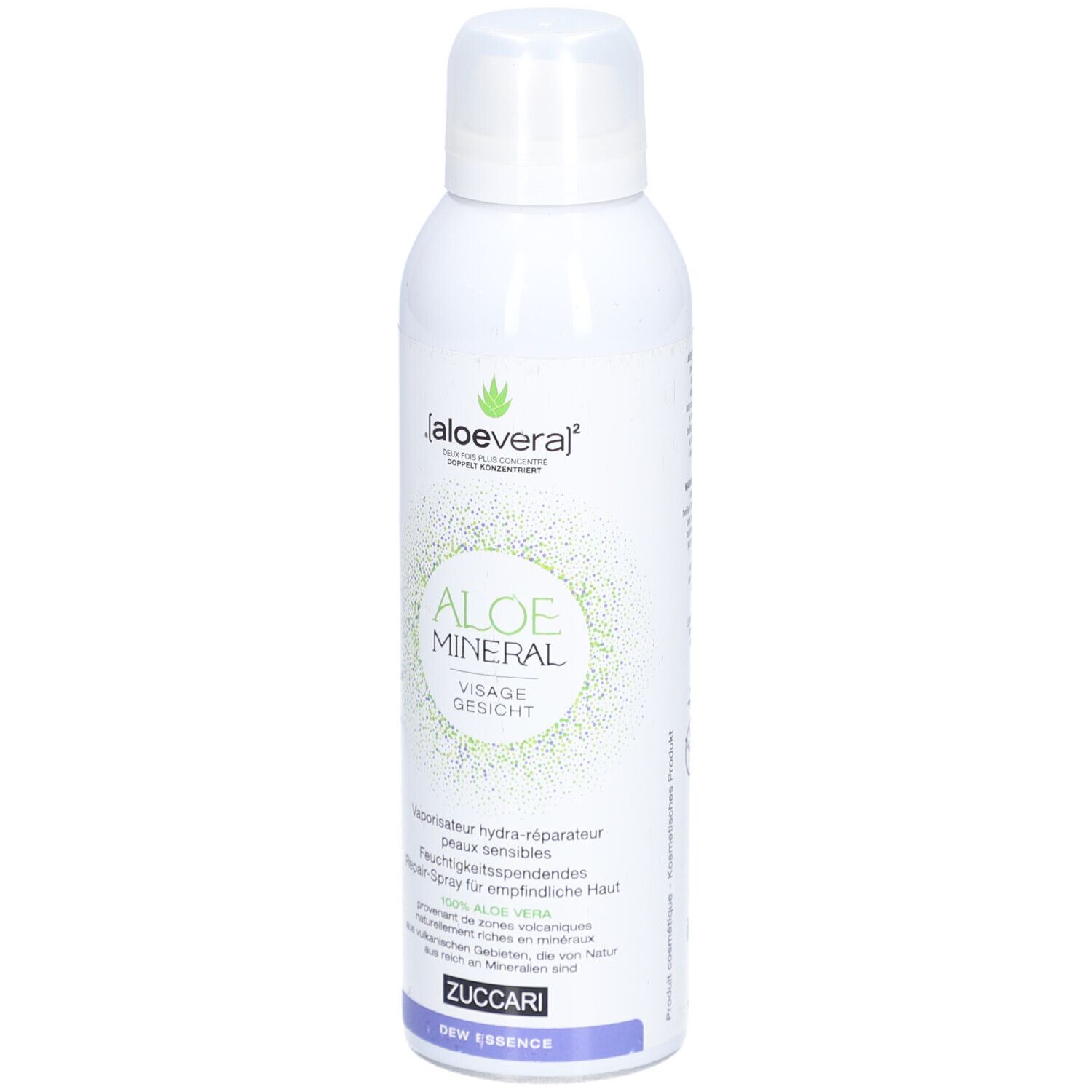 Weiße Sprühflasche mit grünem Logo und Schriftzug. Produktname: Aloe Mineral Visage Gesicht. Zuccari-Logo unten.