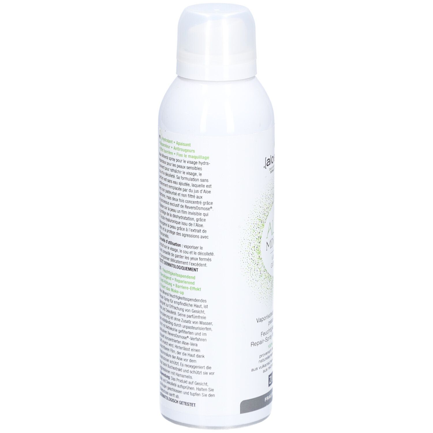 Weiße Sprühflasche, Rückseite mit Text. Enthält Informationen über Inhaltsstoffe und Anwendung. Marke Zuccari.