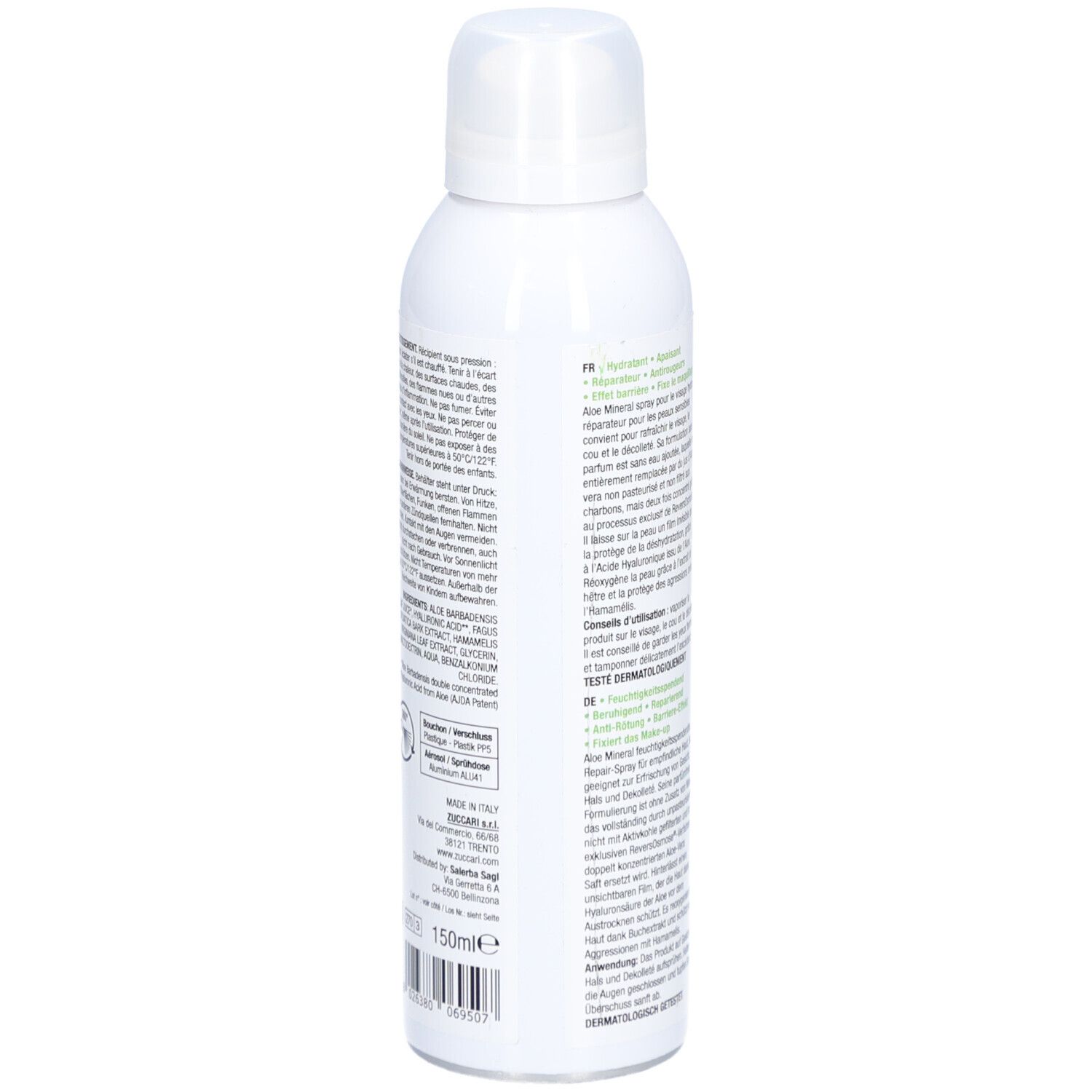 Weiße Sprühflasche, Rückseite mit Text. Enthält Informationen über Inhaltsstoffe und Anwendung. Marke Zuccari.