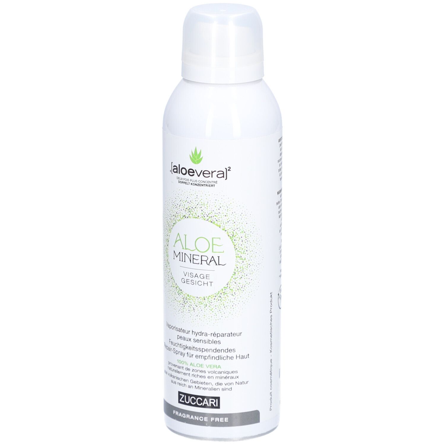 Weiße Sprühflasche mit grünem Logo und Schriftzug. Aufschrift: Aloe Mineral Visage Gesicht. Marke Zuccari. Ohne Duftstoffe.