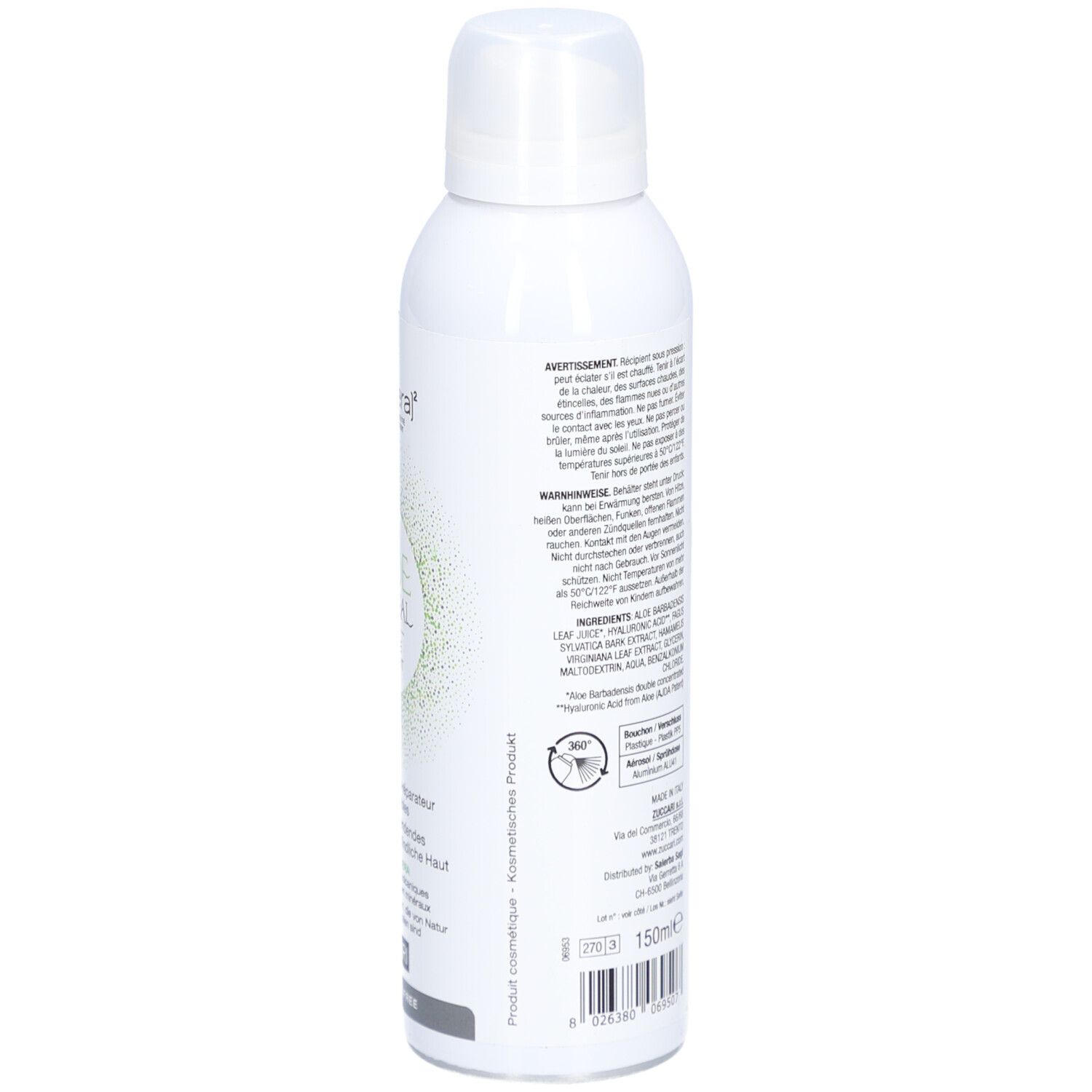 Weiße Sprühflasche, Rückseite mit Text. Enthält Informationen über Inhaltsstoffe und Anwendung. Marke Zuccari.