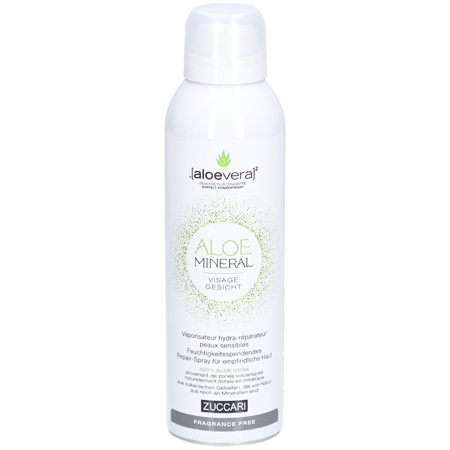 Weiße Sprühflasche mit grünem Logo und Schriftzug. Aufschrift: Aloe Mineral Visage Gesicht. Marke Zuccari. Ohne Duftstoffe.