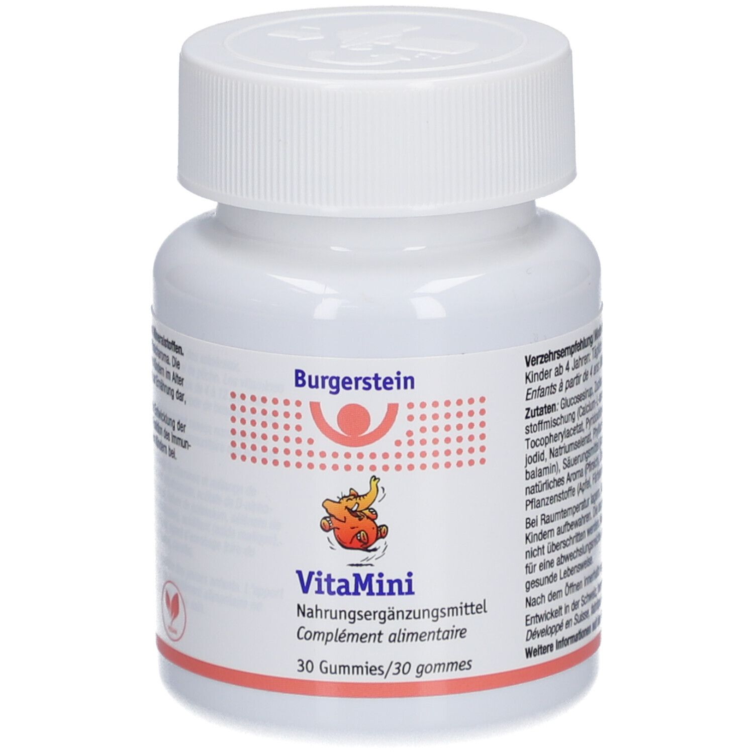 Weiße Flasche mit Burgerstein VitaMini Gummies. Aufschrift: Nahrungsergänzungsmittel, 30 Gummies. Logo mit Kind und Orange.