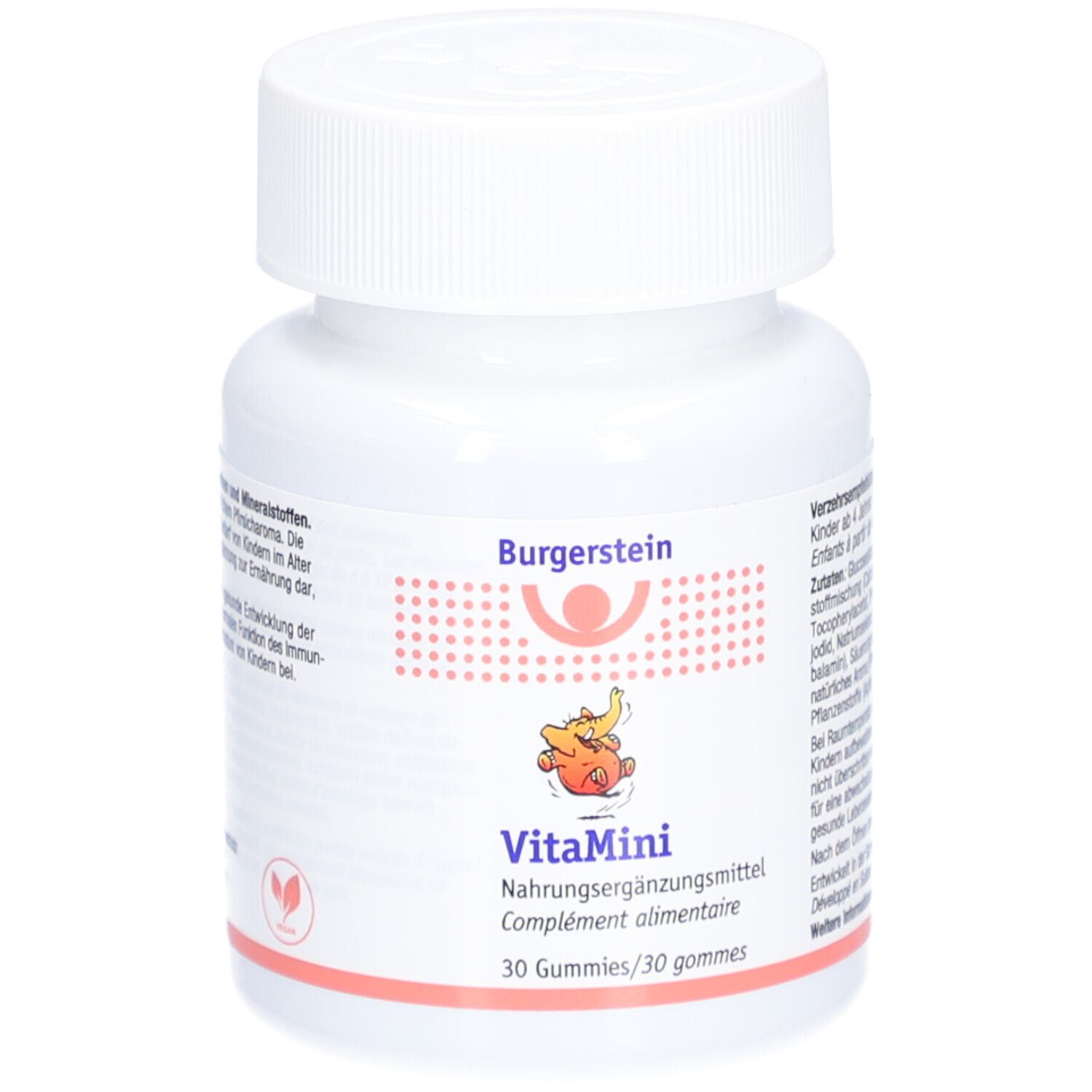 Weiße Flasche mit Burgerstein VitaMini Gummies. Aufschrift: Nahrungsergänzungsmittel, 30 Gummies. Logo mit Kind und Orange.