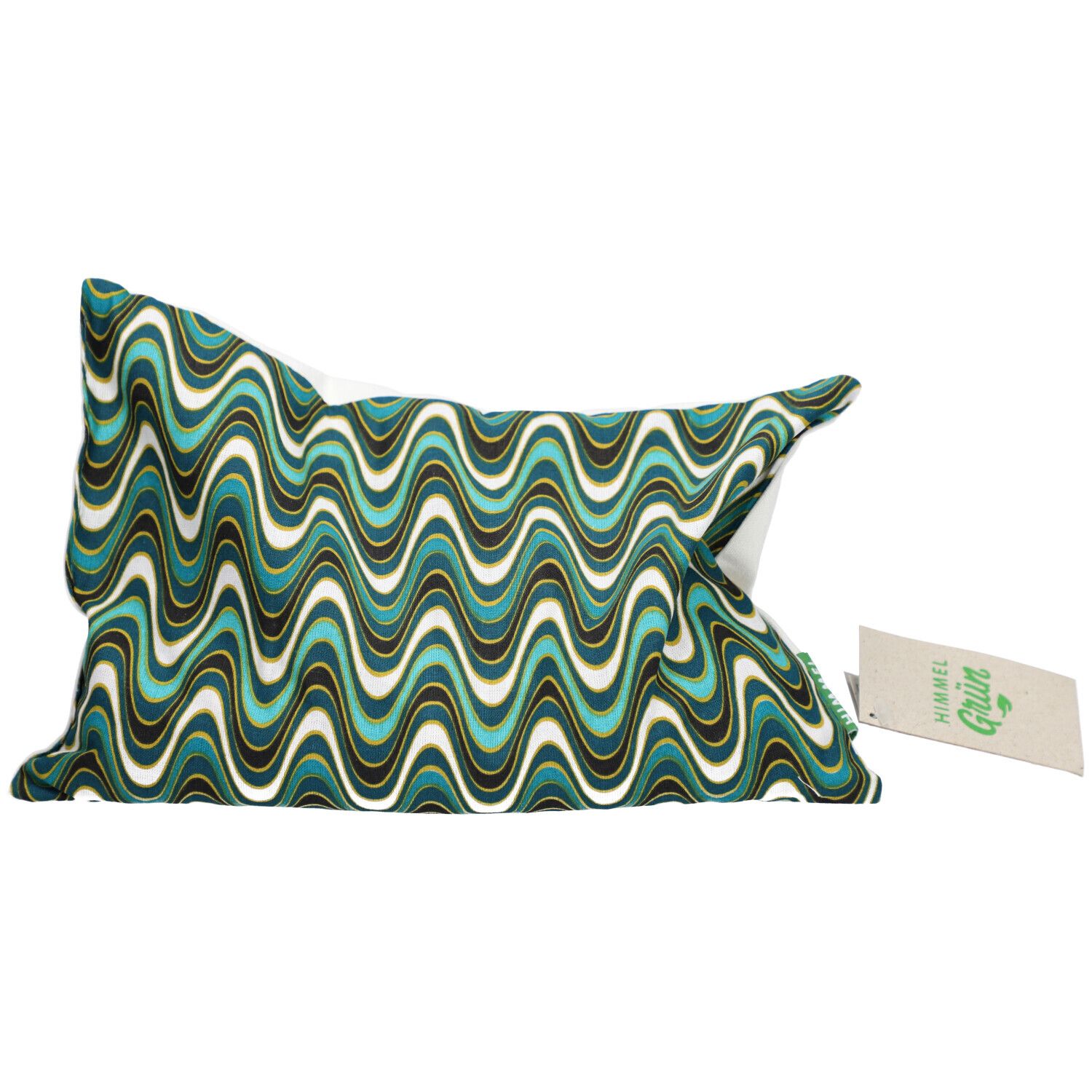 Coussin à motif ondulé vert, blanc et or. Étiquette avec logo.