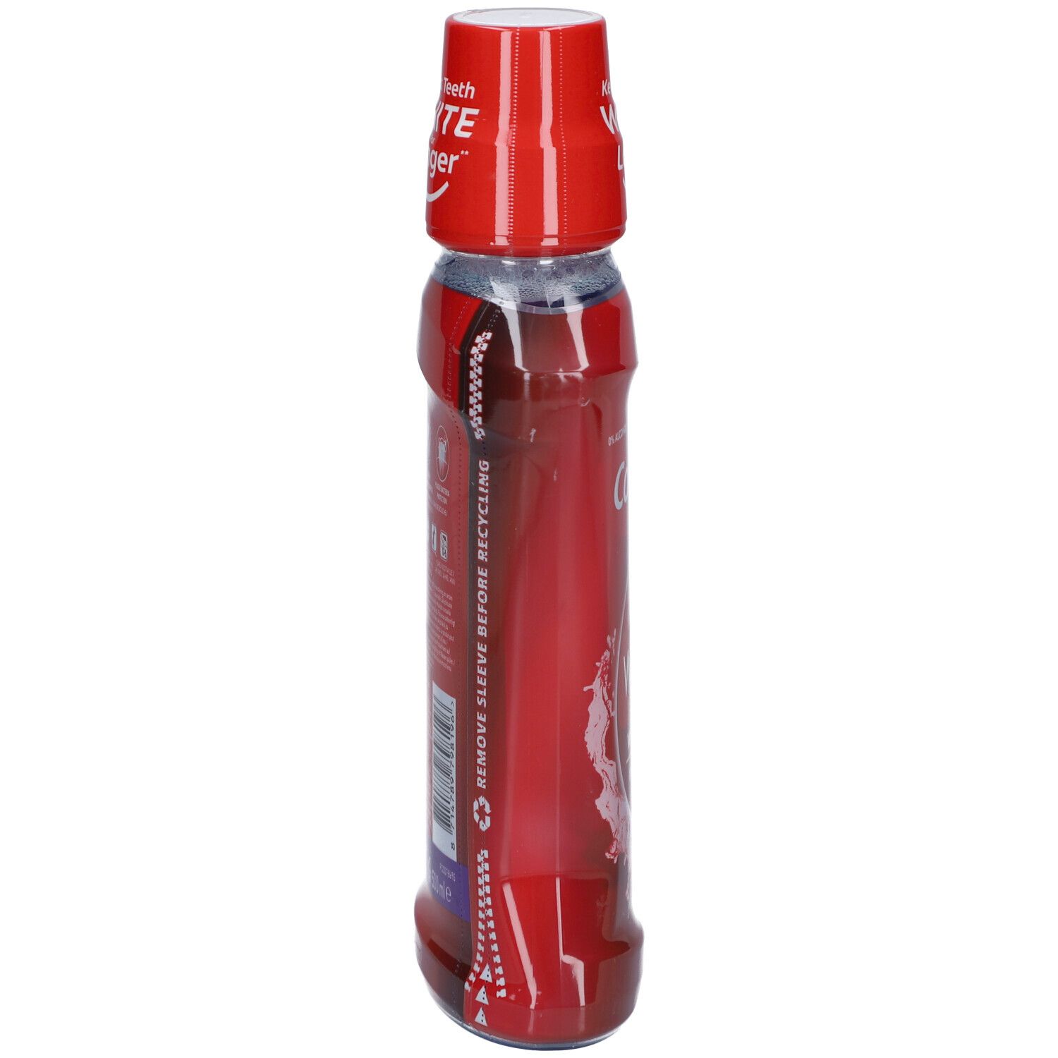 Rote Flasche mit weißem Deckel. Aufschrift: Colgate. Rückseite mit Text und Recycling-Symbolen.