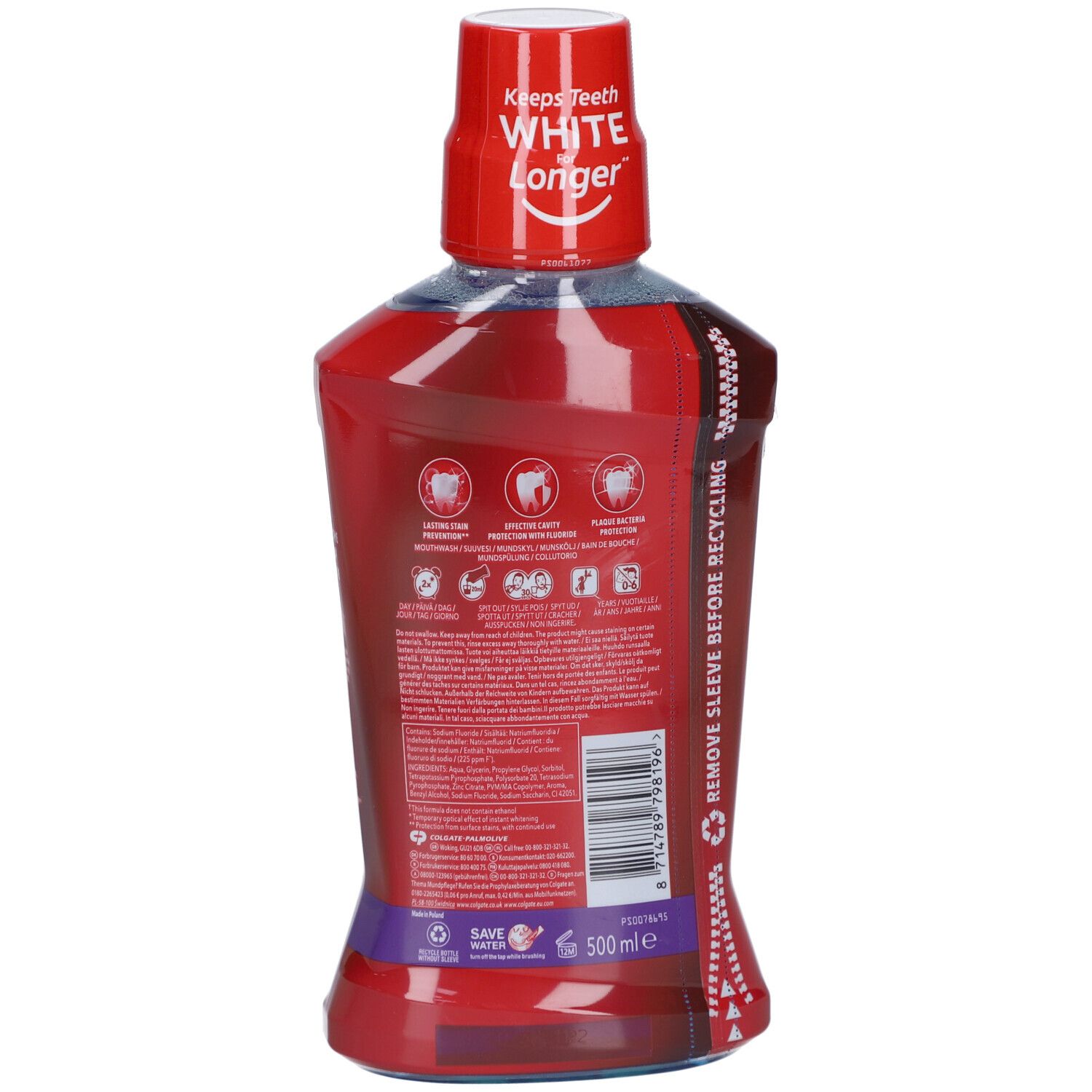 Rote Flasche mit weißem Deckel. Rückseite mit Text, Logos und Recycling-Symbolen. Aufschrift: Colgate.