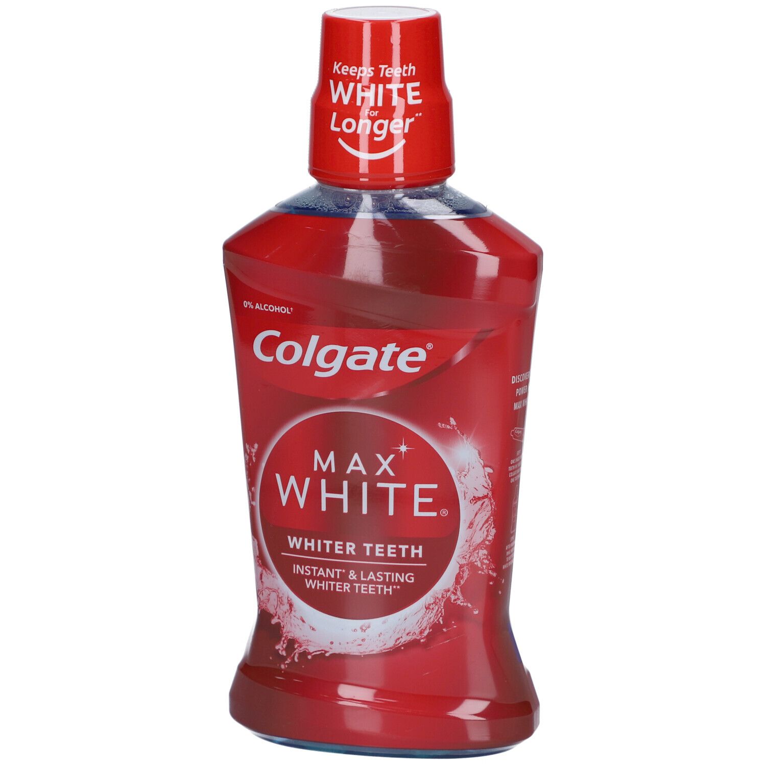 Rote Flasche mit weißem Deckel. Aufschrift: Colgate Max White. Für weißere Zähne. 0% Alkohol.