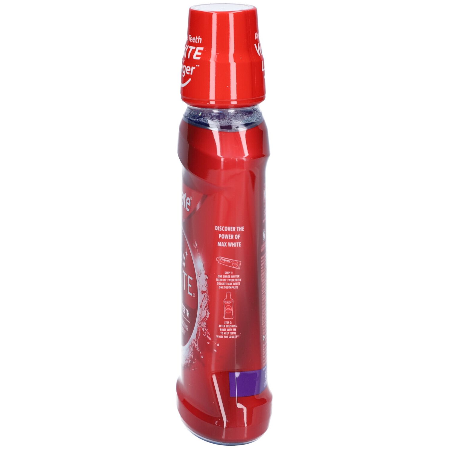 Rote Flasche mit weißem Deckel. Aufschrift: Colgate. Rückseite mit Text und Illustrationen.