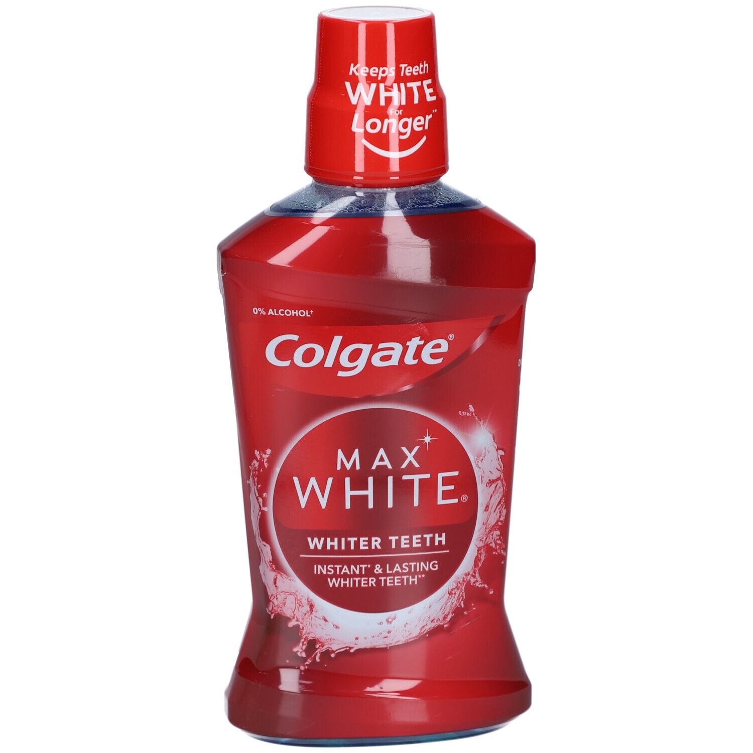 Rote Flasche mit weißem Deckel. Aufschrift: Colgate Max White. Enthält 0% Alkohol. Für weißere Zähne.