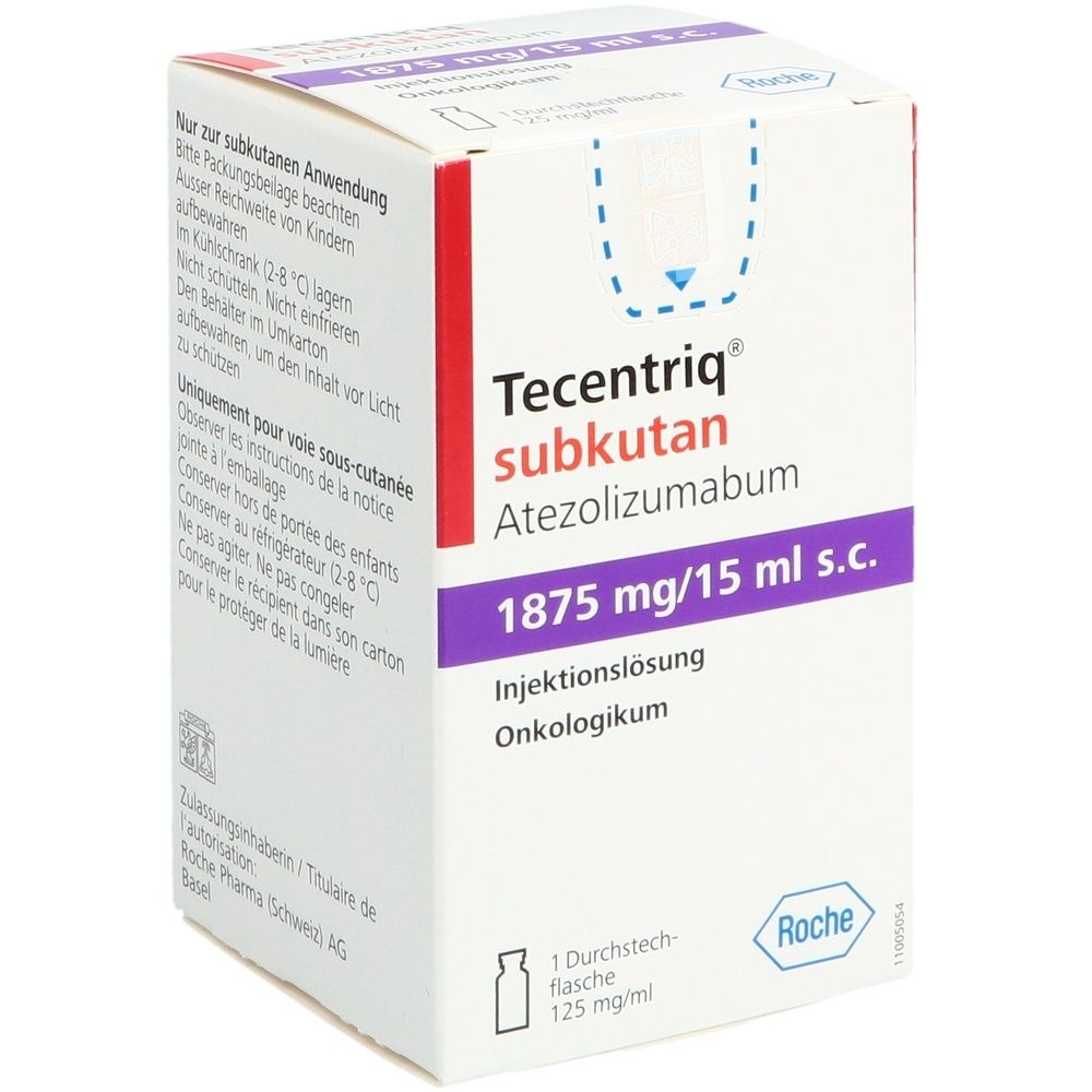 Weiße Faltschachtel mit roter und violetter Schrift. Aufschrift: Tecentriq subkutan, 1875 mg/15 ml s.c. Injektionslösung.