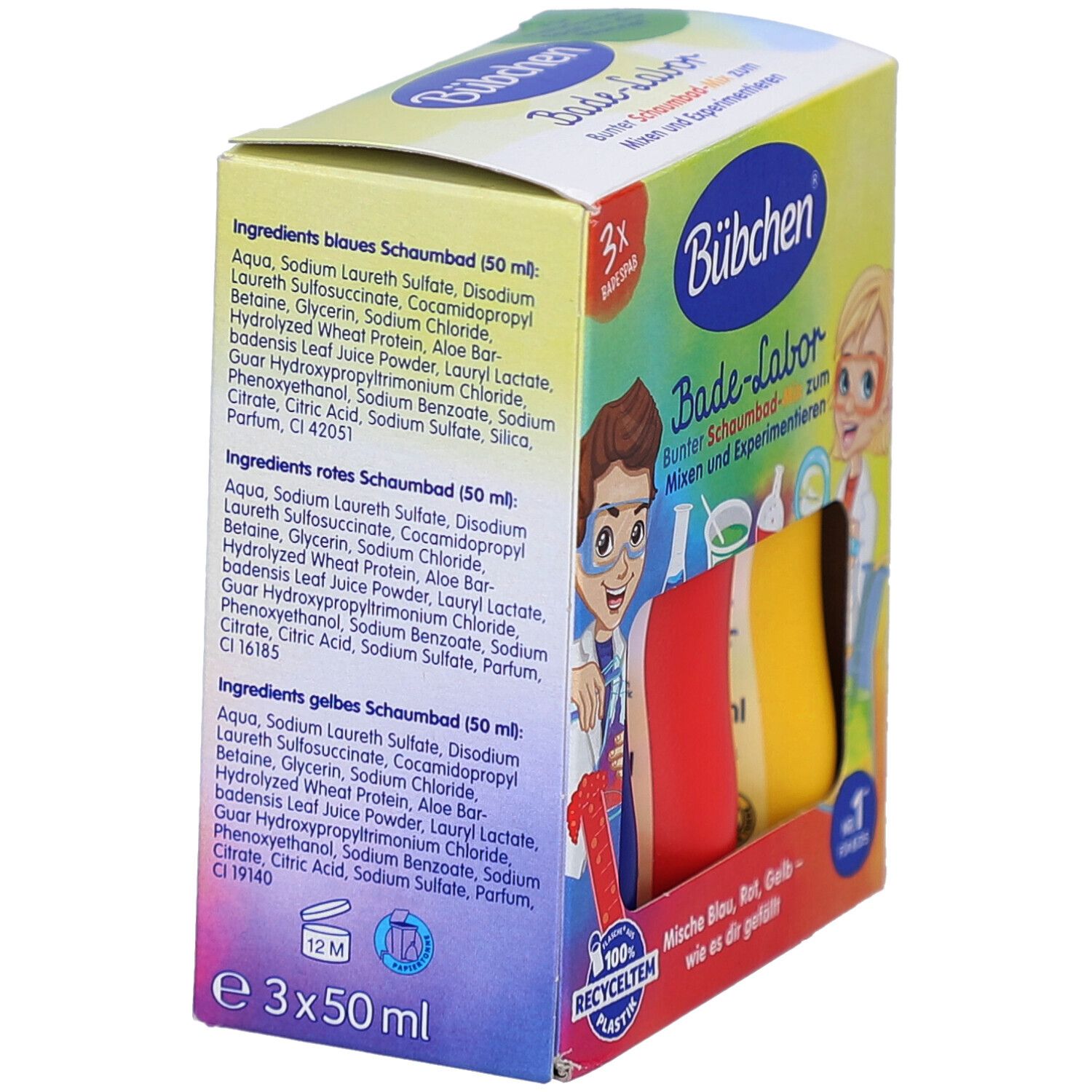 Bübchen Schaumbad Set: Drei 50ml Flaschen in Rot, Gelb und Blau. Kartonverpackung mit wissenschaftlichen Illustrationen.