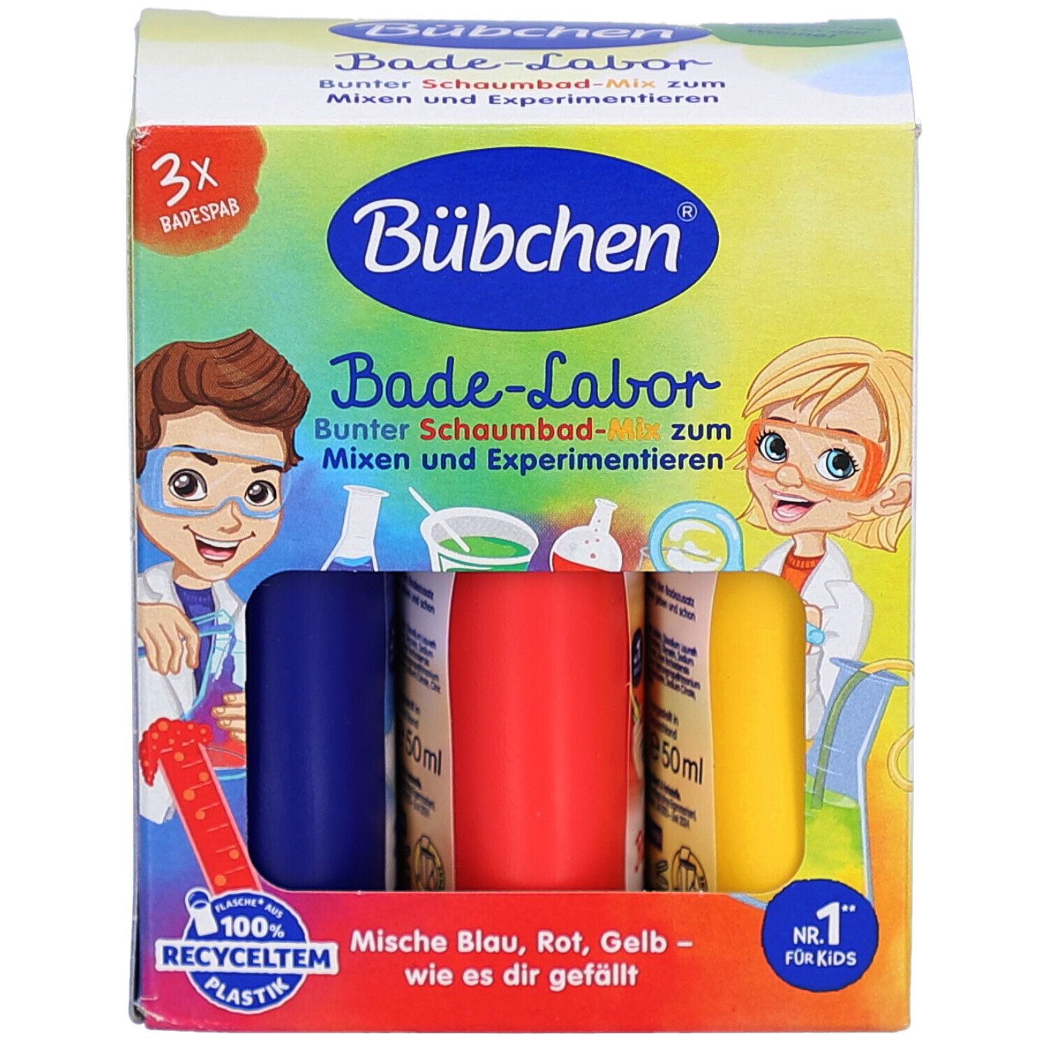 Bade-Labor Set mit drei farbigen Schaumbad-Mischungen (blau, rot, gelb) in Tuben.