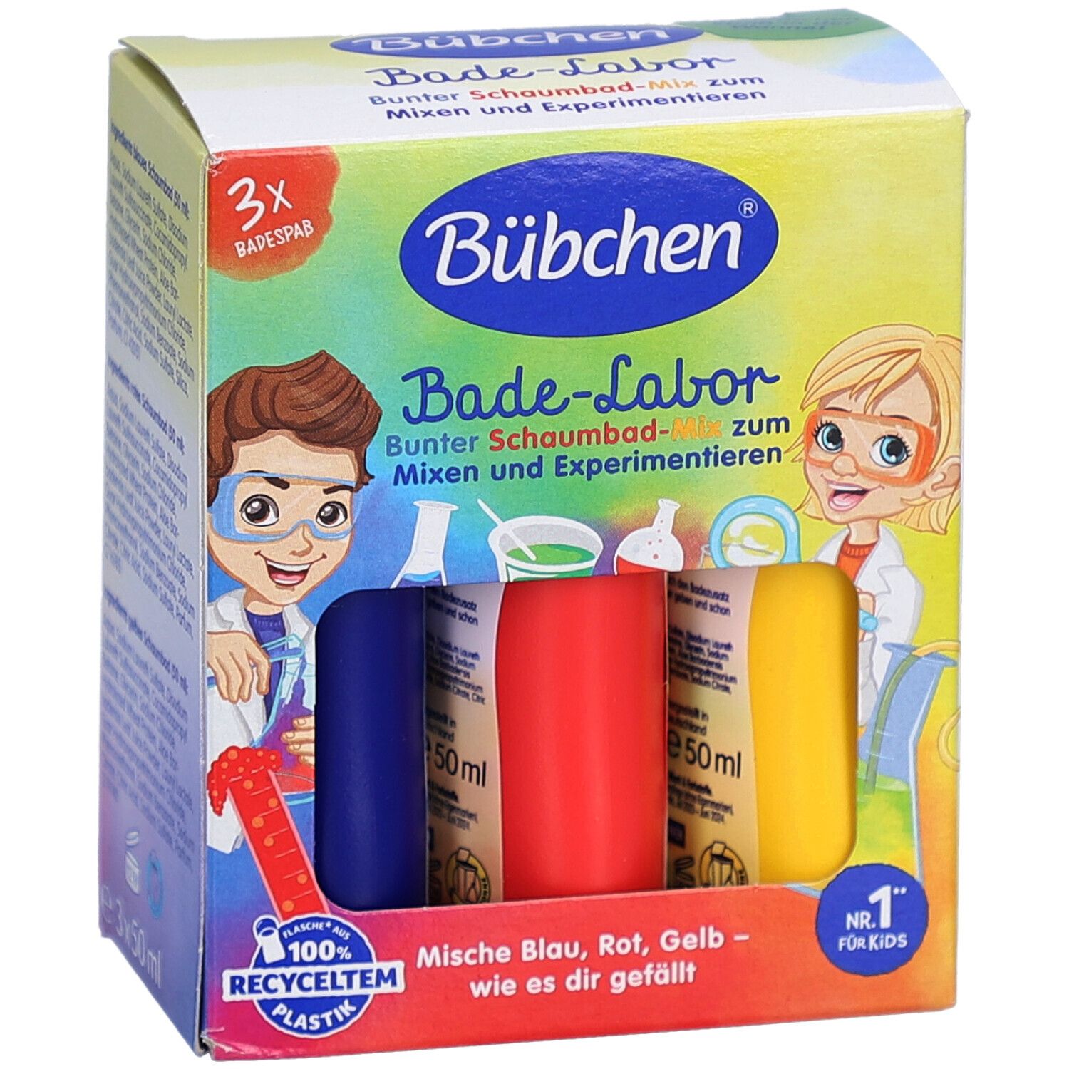 Bade-Labor Set mit drei farbigen Schaumbad-Mischungen (blau, rot, gelb) in Tuben.