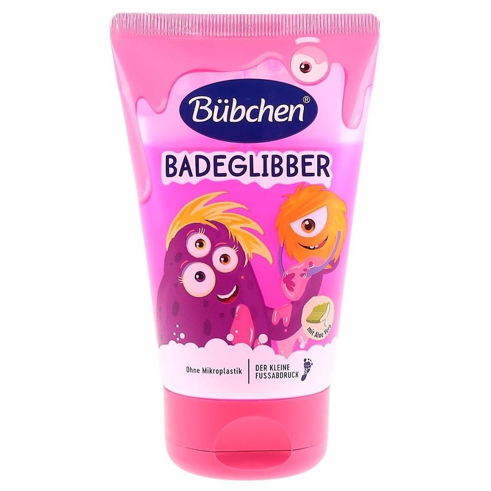 Bübchen Badeglibber Tube mit zwei Comic-Monstern und der Aufschrift 'Ohne Mikroplastik'.