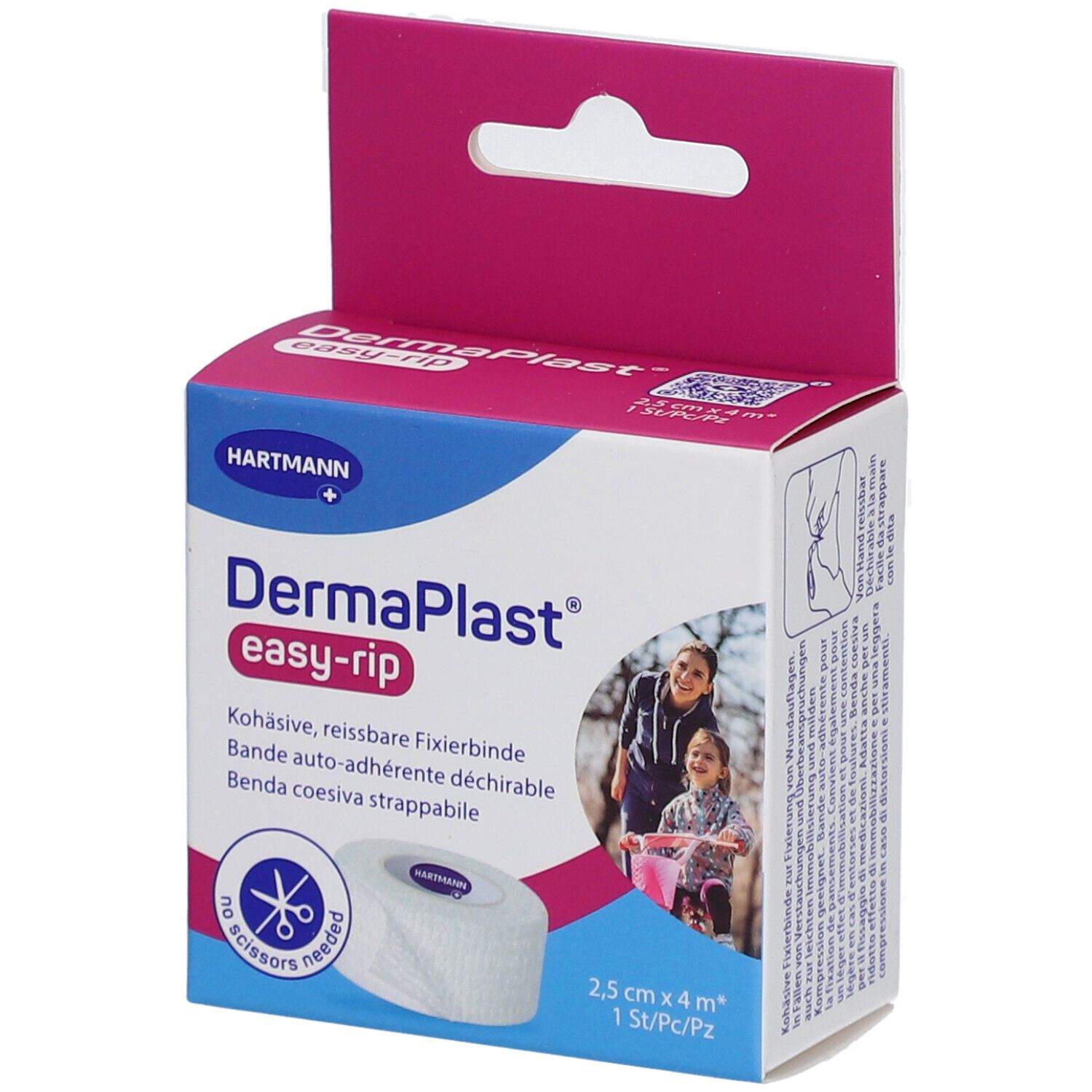 Verpackung von DermaPlast easy-rip Fixierbinde. 2,5 cm x 4 m. Mit Produkt- und Markenlogo. Rosa-weiße Verpackung.