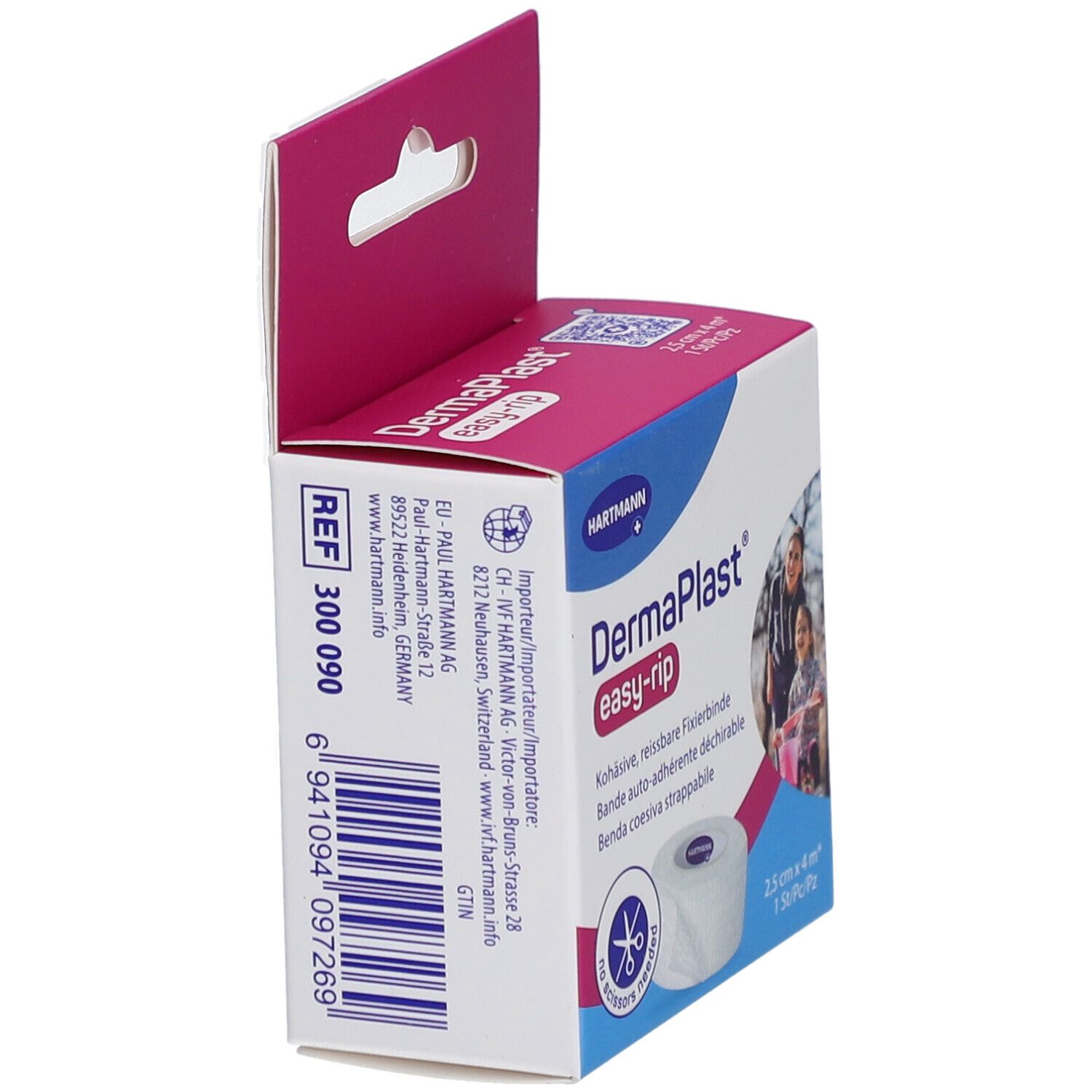 Seitenansicht der Verpackung von DermaPlast easy-rip. Produktinformationen und Logo. Rosa-weiße Verpackung.