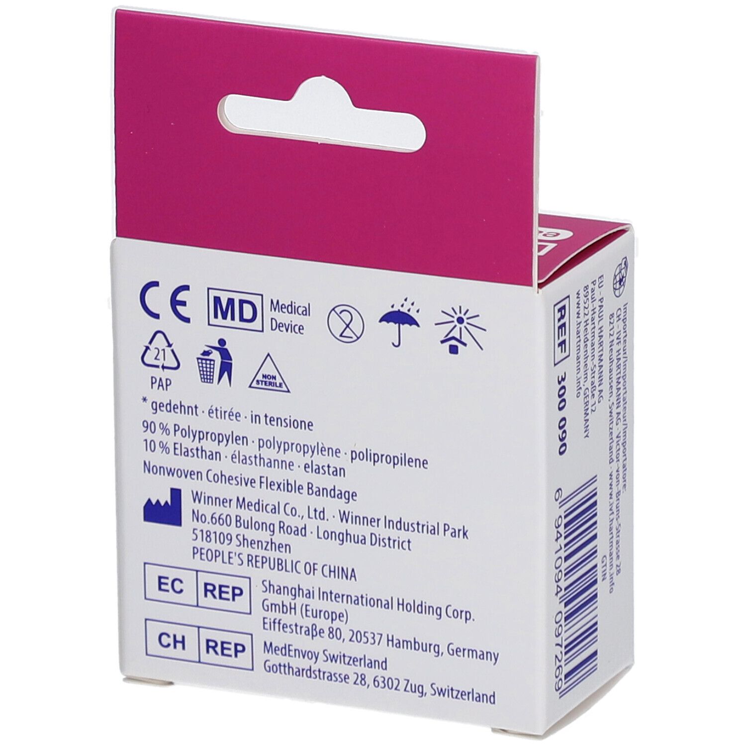 Rückseite der Verpackung von DermaPlast easy-rip. Produktinformationen, Logos und Zertifizierungen. Weiße Verpackung.