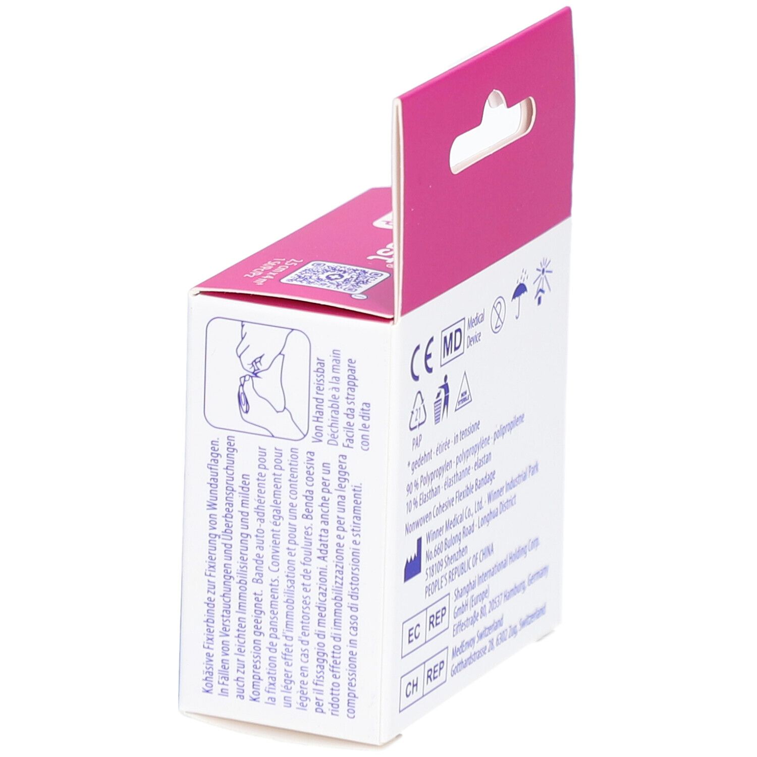 Seitenansicht der Verpackung von DermaPlast easy-rip. Produktinformationen und Logos. Rosa-weiße Verpackung.