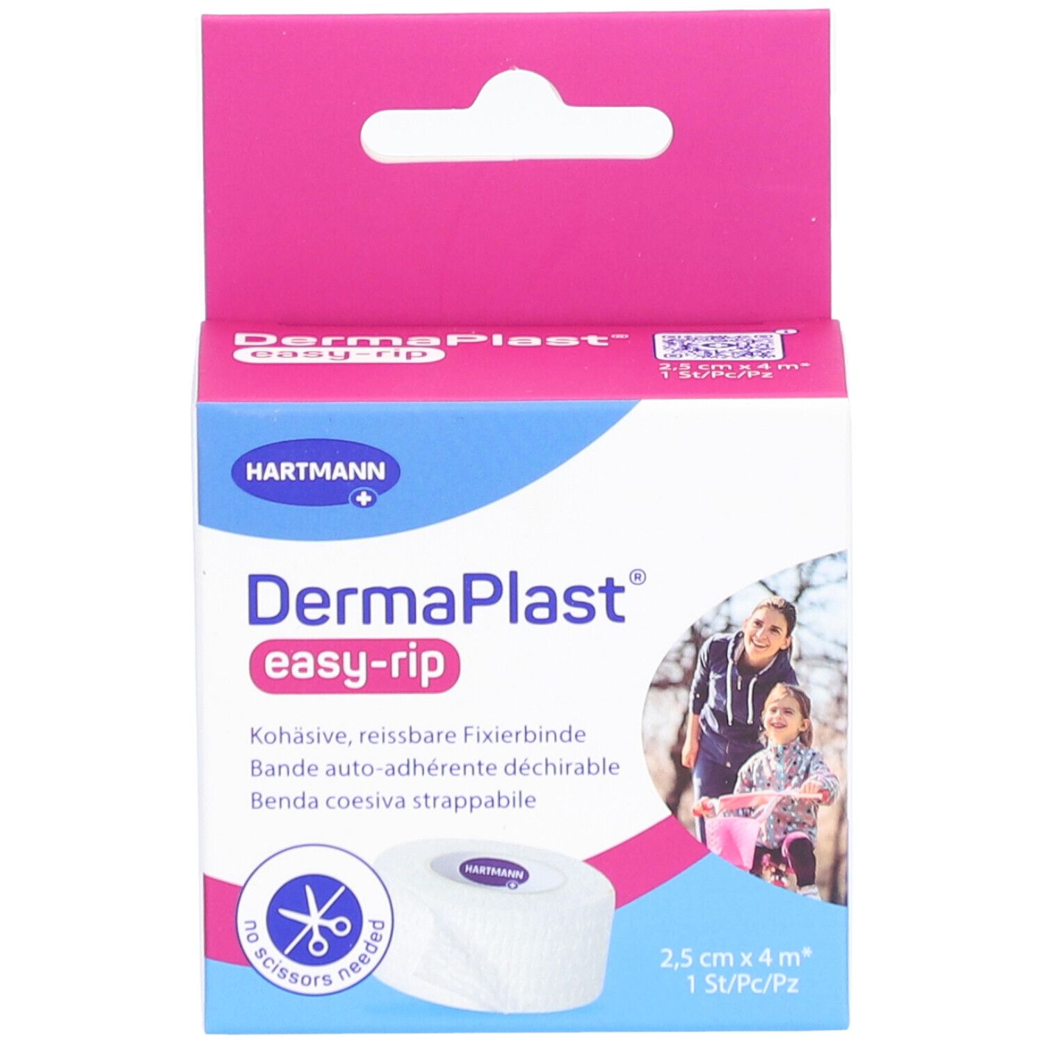 Verpackung von DermaPlast easy-rip Fixierbinde. 2,5 cm x 4 m. Mit Produkt- und Markenlogo. Rosa-weiße Verpackung.