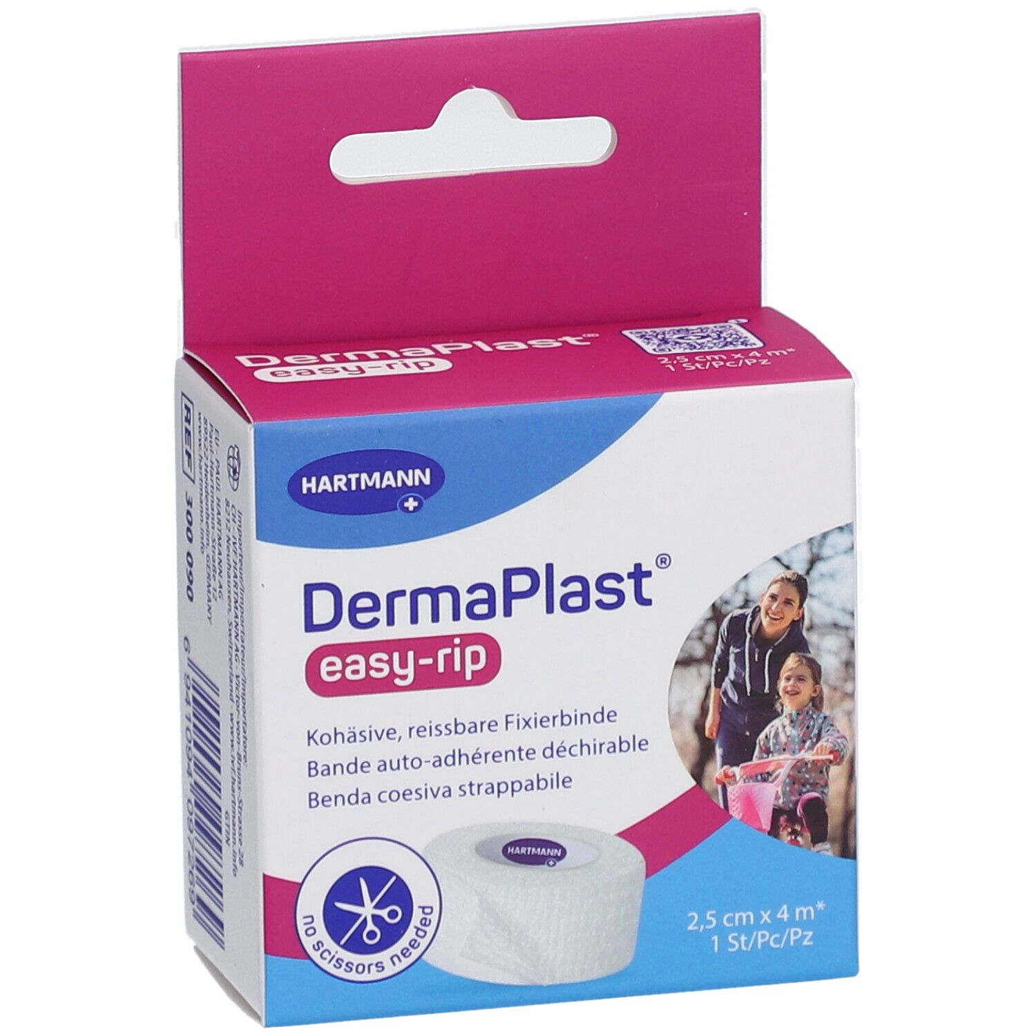Verpackung von DermaPlast easy-rip Fixierbinde. 2,5 cm x 4 m. Mit Produkt- und Markenlogo. Rosa-weiße Verpackung.
