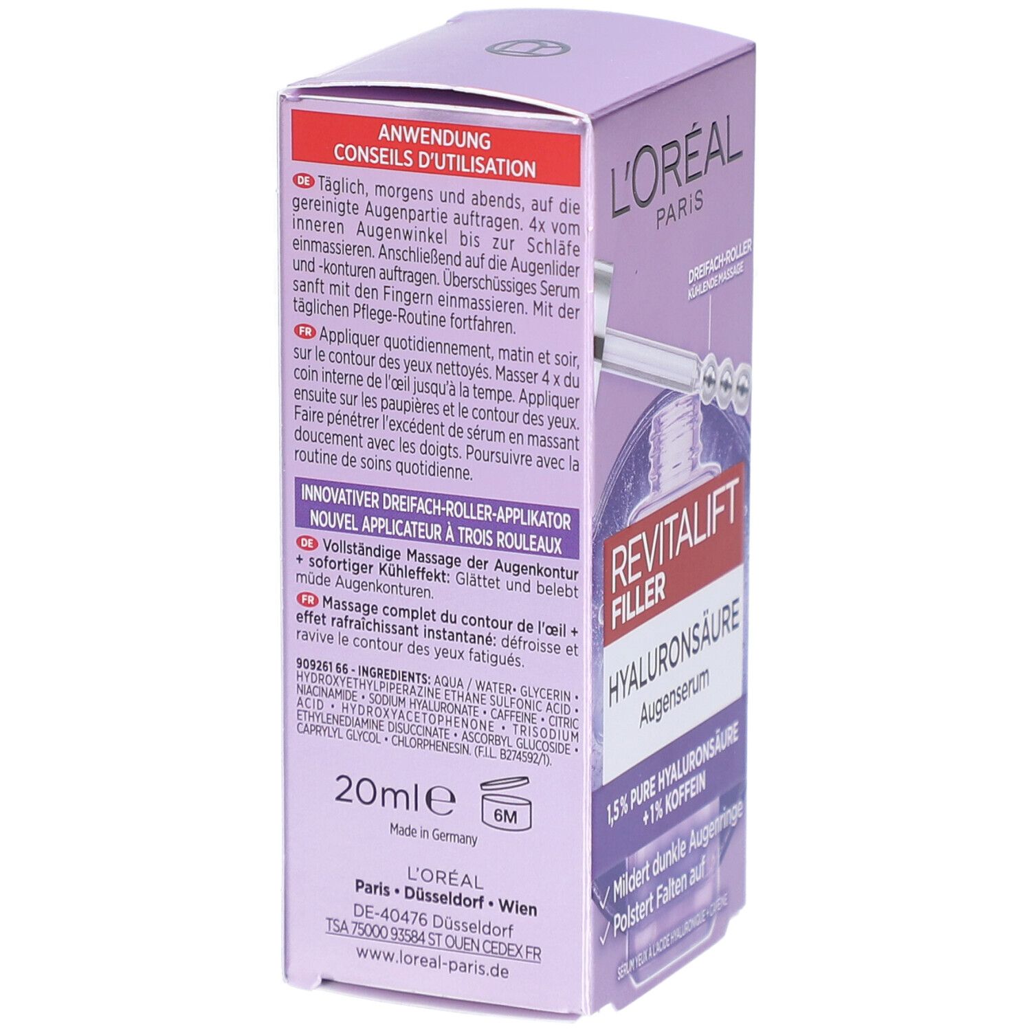 L'Oréal Revitalift Filler Augenserum-Verpackung. Rückseite mit Anwendungsanweisungen und Inhaltsstoffen. 20ml-Angabe.