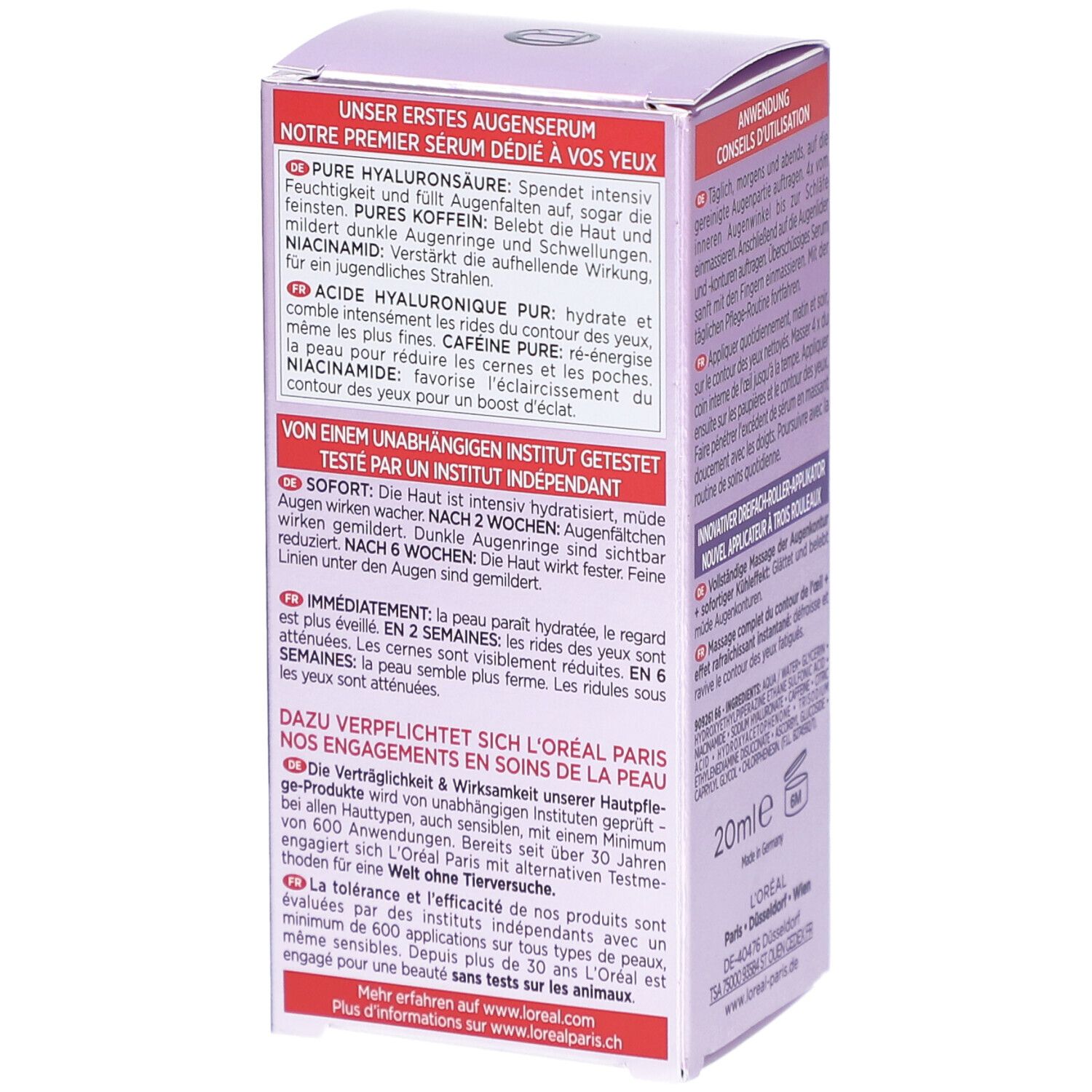 L'Oréal Revitalift Filler Augenserum-Verpackung. Text über das Produkt und Inhaltsstoffe. 20ml-Angabe.