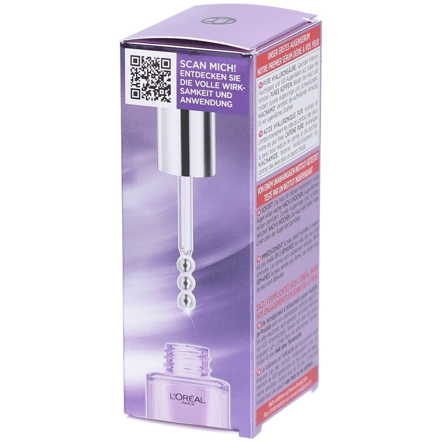 L'Oréal Revitalift Filler Augenserum-Verpackung. QR-Code und Produktabbildung. Dreifach-Roller-Applikator abgebildet.