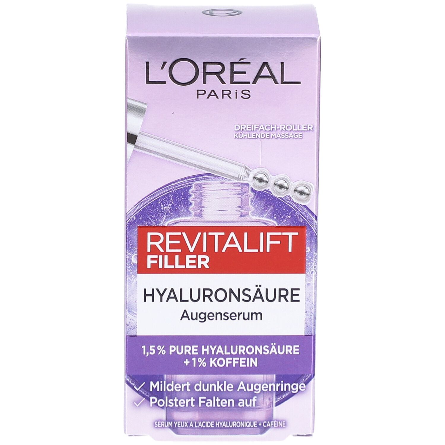 L'Oréal Revitalift Filler Augenserum-Verpackung. Produktname und Inhaltsstoffe sind sichtbar. Dreifach-Roller-Applikator abgebildet.