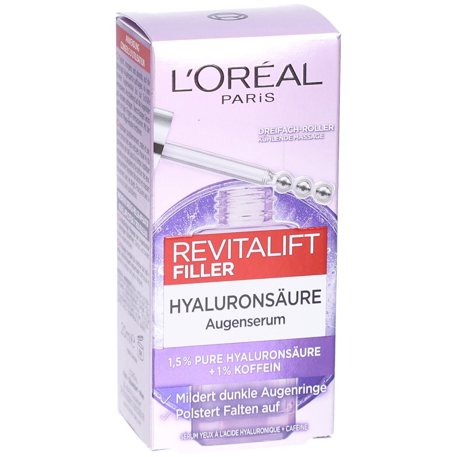 L'Oréal Revitalift Filler Augenserum-Verpackung. Produktname und Inhaltsstoffe sind sichtbar. Dreifach-Roller-Applikator abgebildet.