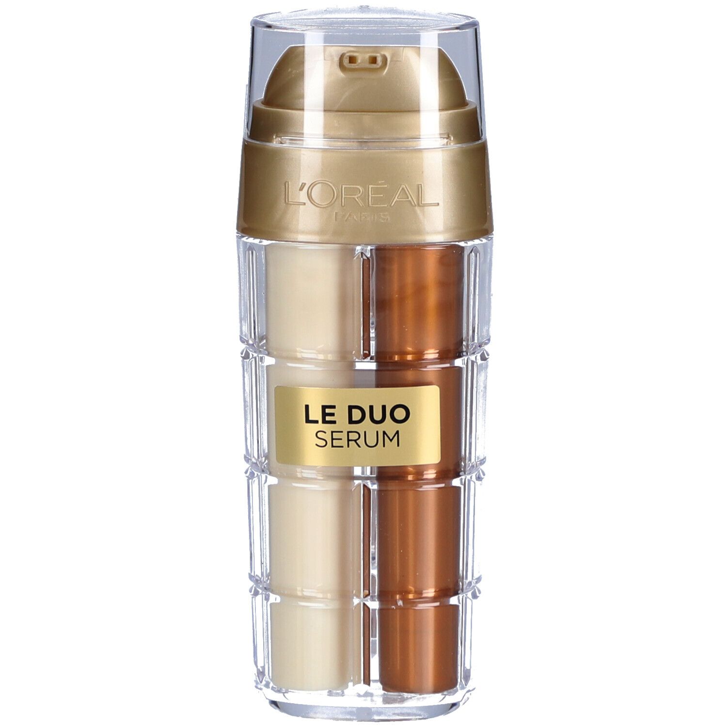 Flacon de sérum double avec bouchon doré et corps transparent. Contient deux compartiments séparés avec liquide crème et brun.