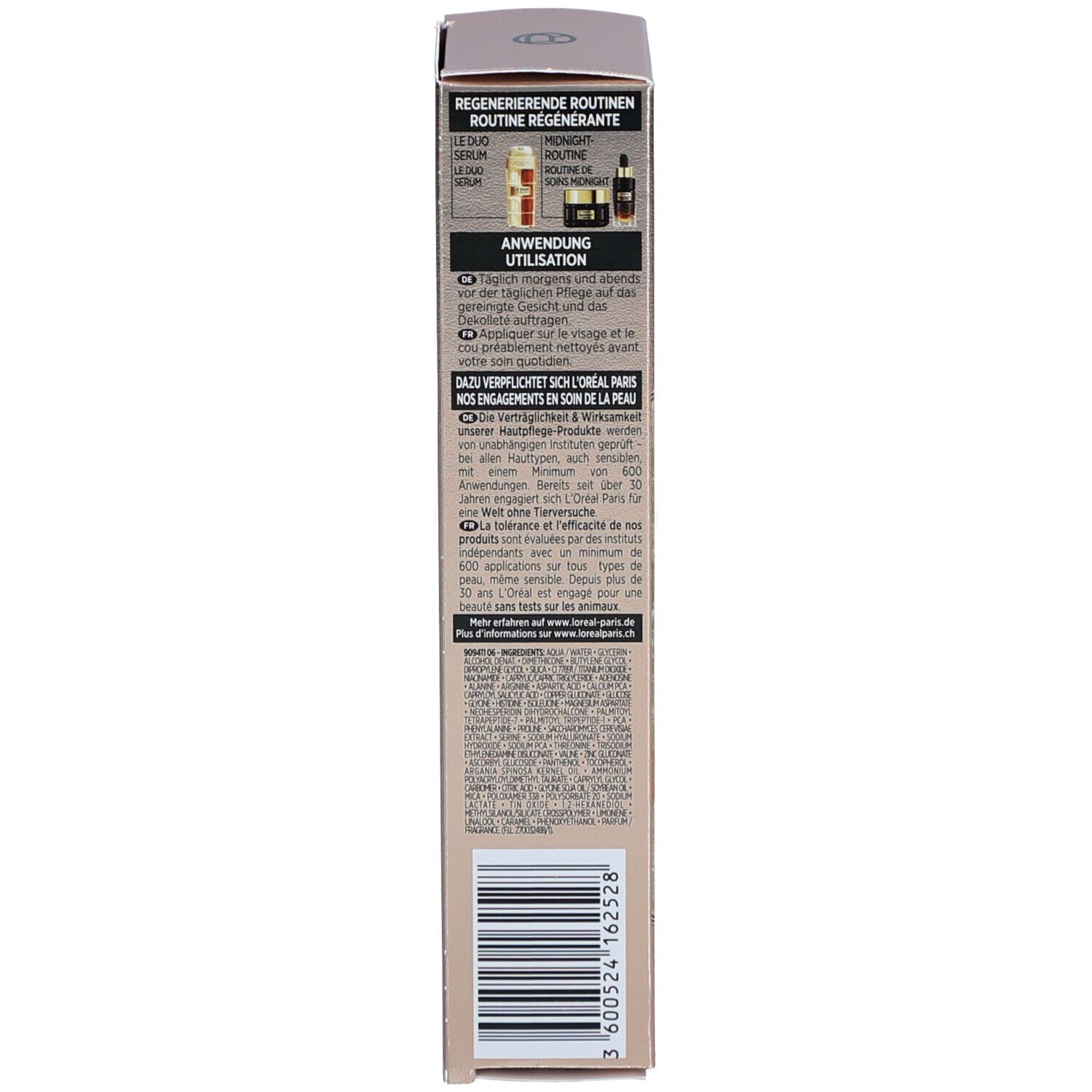 Dos de l'emballage du produit. Contient du texte et des illustrations sur l'utilisation et les ingrédients. Fond beige.