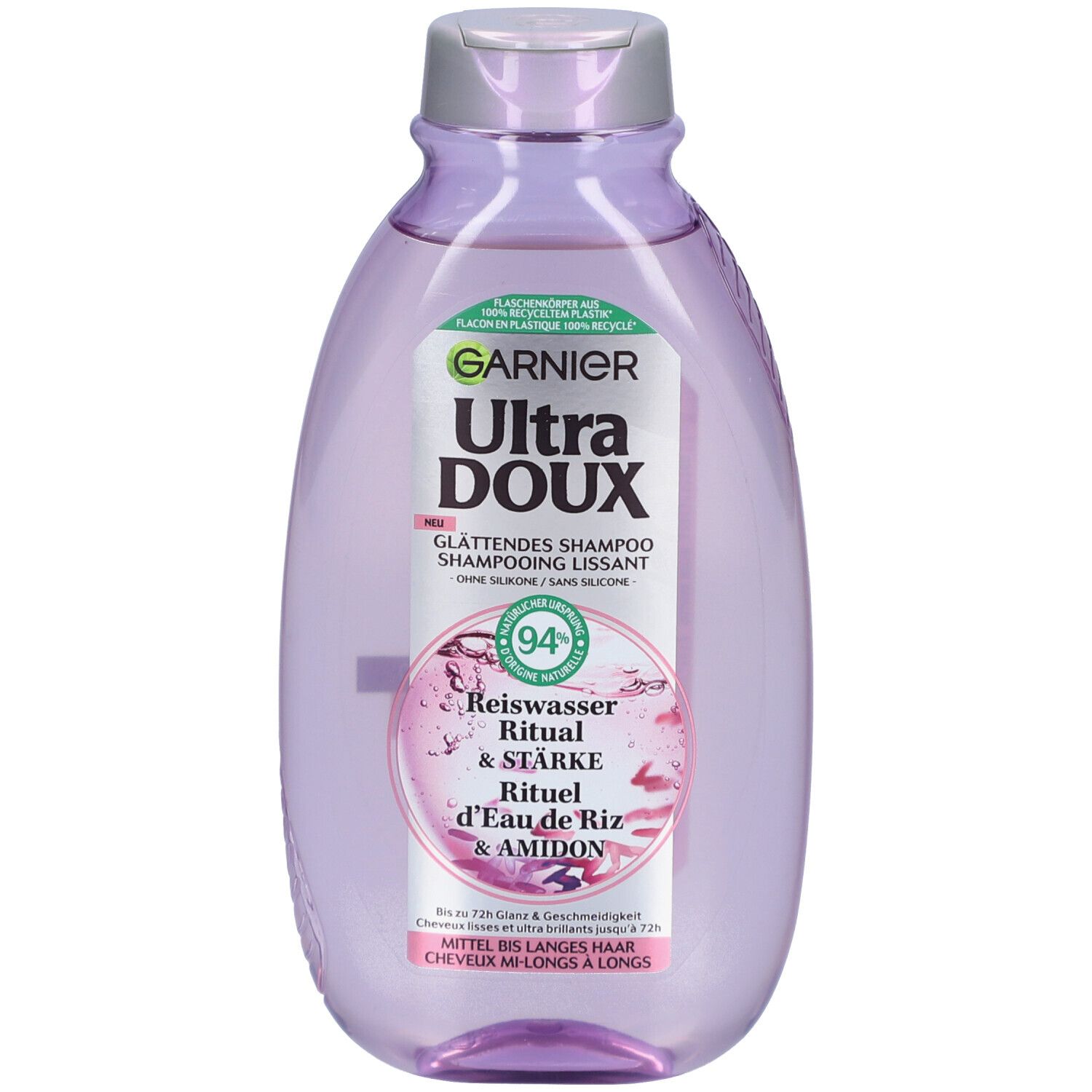Flasche Shampoo, lila, Garnier Ultra Doux. Etikett mit Produktnamen, Reiswasser Ritual & Stärke. 94% Inhaltsstoffe natürlichen Ursprungs.
