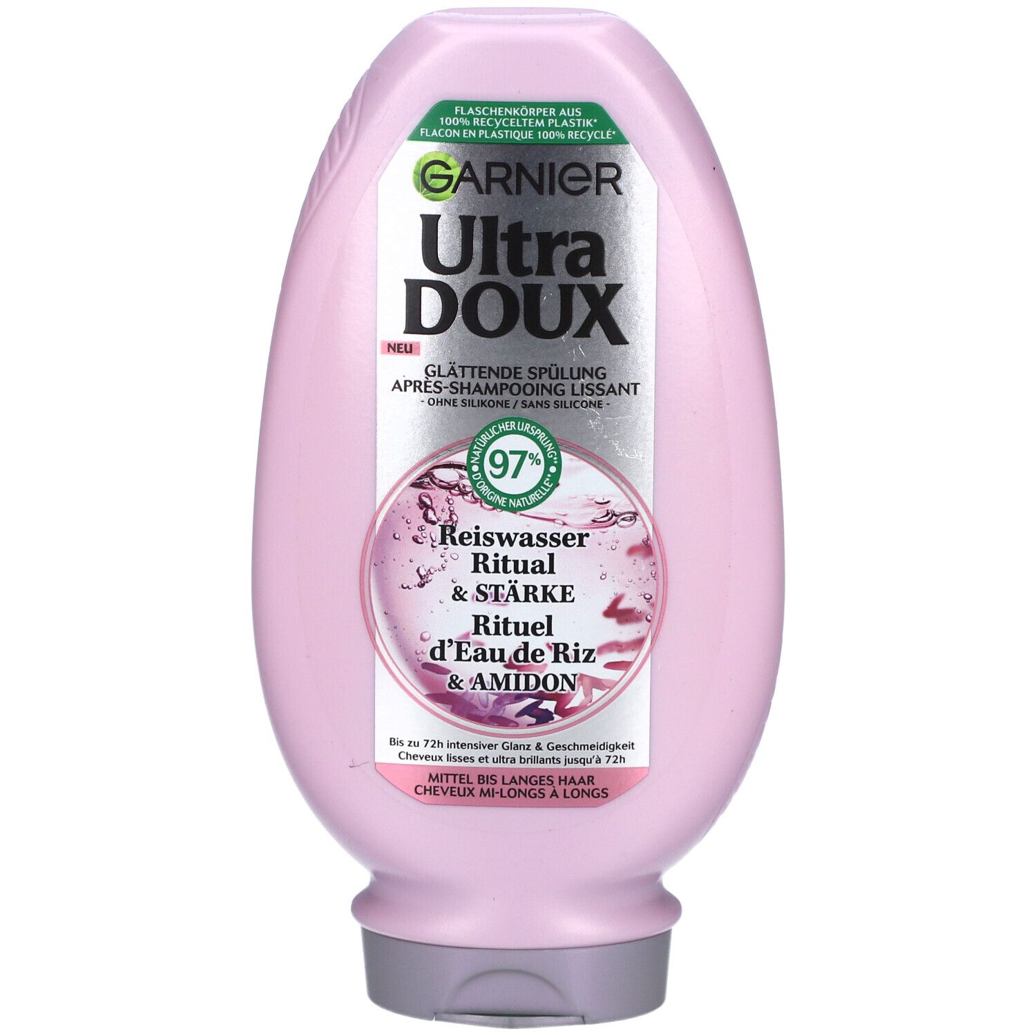 Rosa Flasche mit Garnier Ultra Doux. Glättende Spülung Reiswasser & Stärke. 97% Inhaltsstoffe natürlichen Ursprungs.