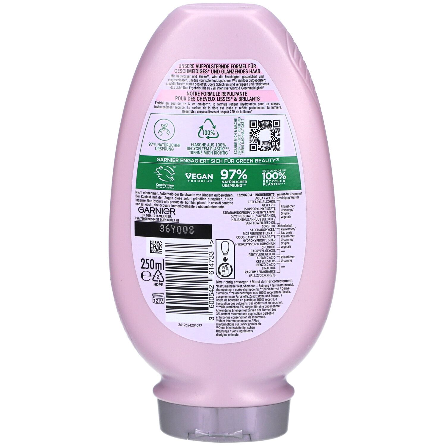 Rückseite der rosa Garnier Ultra Doux Flasche. Text, Inhaltsstoffe, QR-Code, 250ml, Vegan, 97% natürlich, 100% recycelbar.