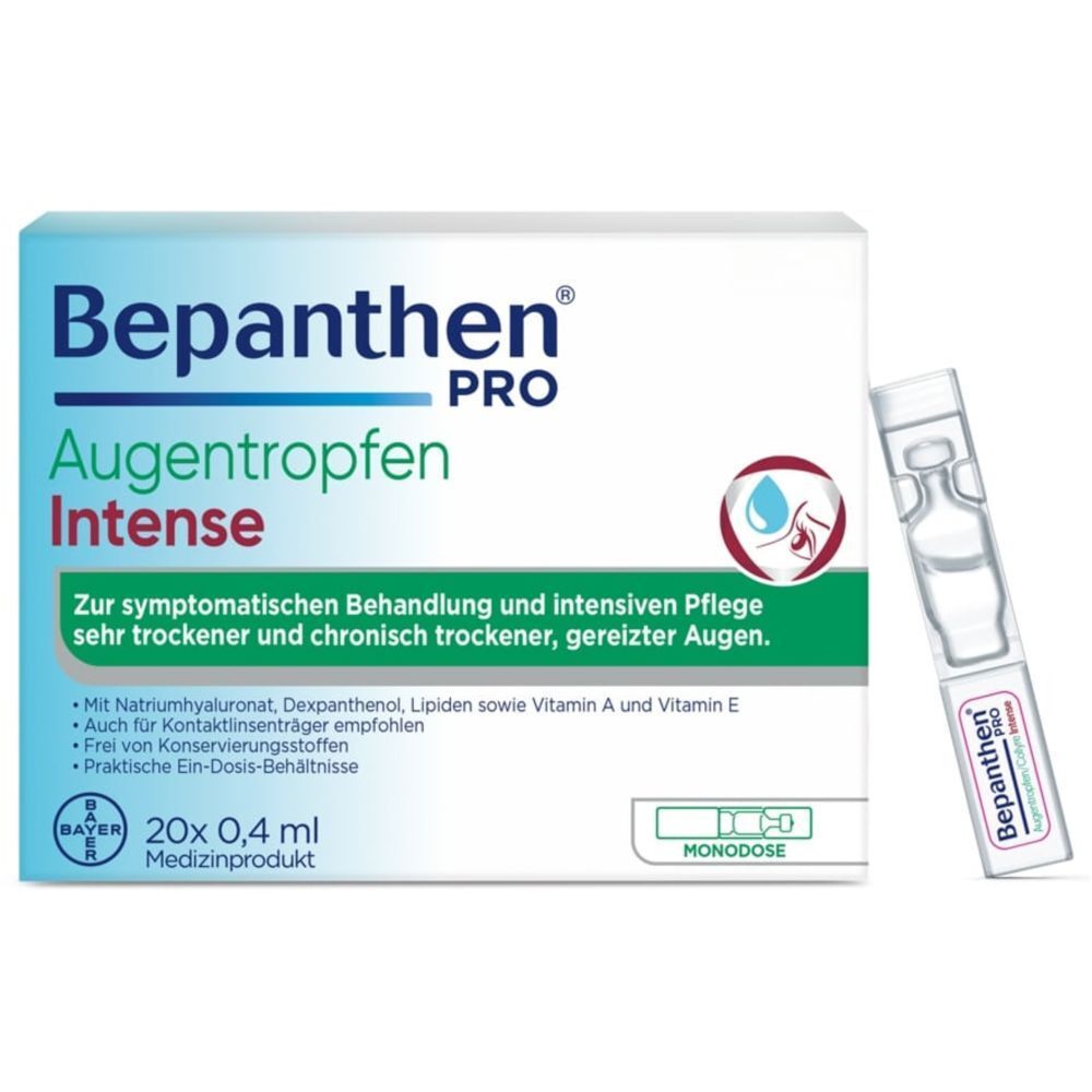 Boîte de Bepanthen® Pro Collyre Intense avec récipients unidoses. Contient 20 x 0,4 ml. Logo Bayer.