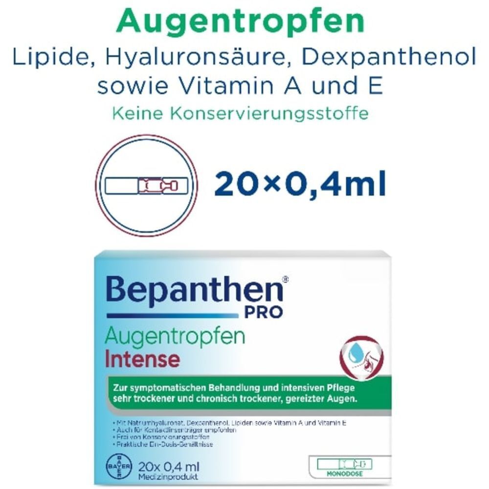 Infographie : Collyre avec acide hyaluronique, dexpanthénol, lipides, vitamine A et E. Sans conservateur. 20 x 0,4 ml.