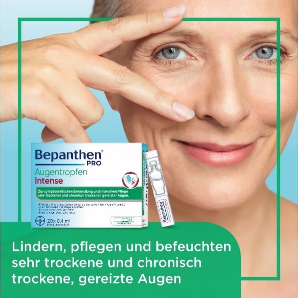 Femme tenant boîte et unidose de Bepanthen® Pro Collyre Intense. Texte : Soulager, soigner les yeux secs.