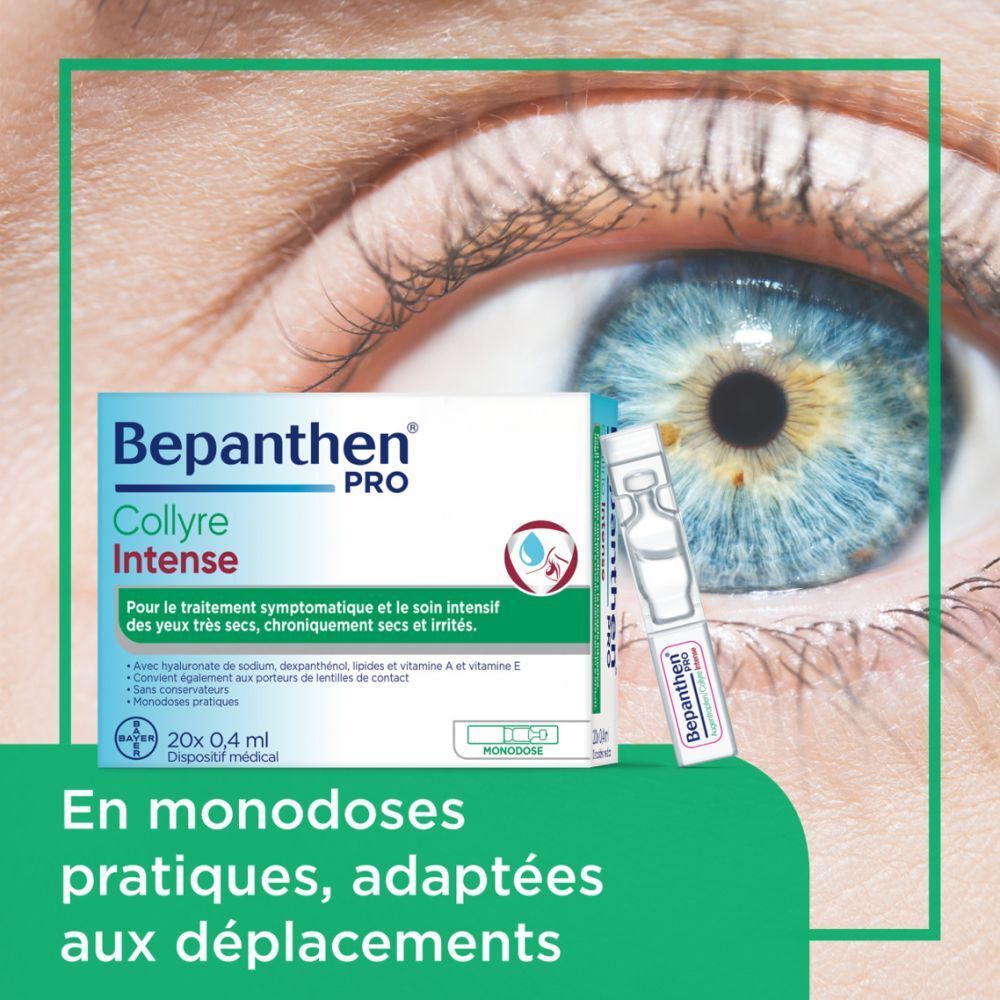 Œil avec boîte et unidose de Bepanthen® Pro Collyre Intense. Texte : Pour les yeux secs. Unidoses.