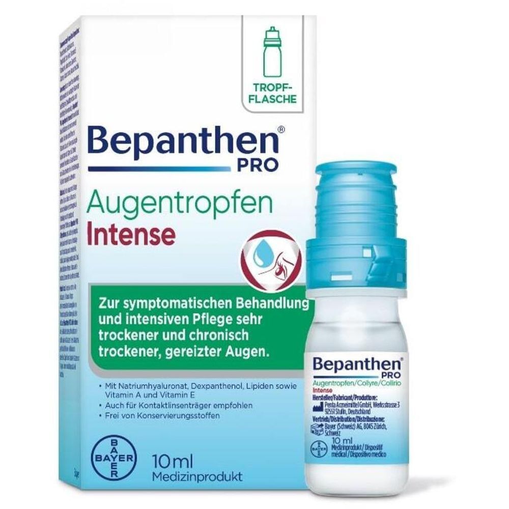 Bouteille et emballage Bepanthen PRO Augentropfen Intense. 10ml. Produit médical.