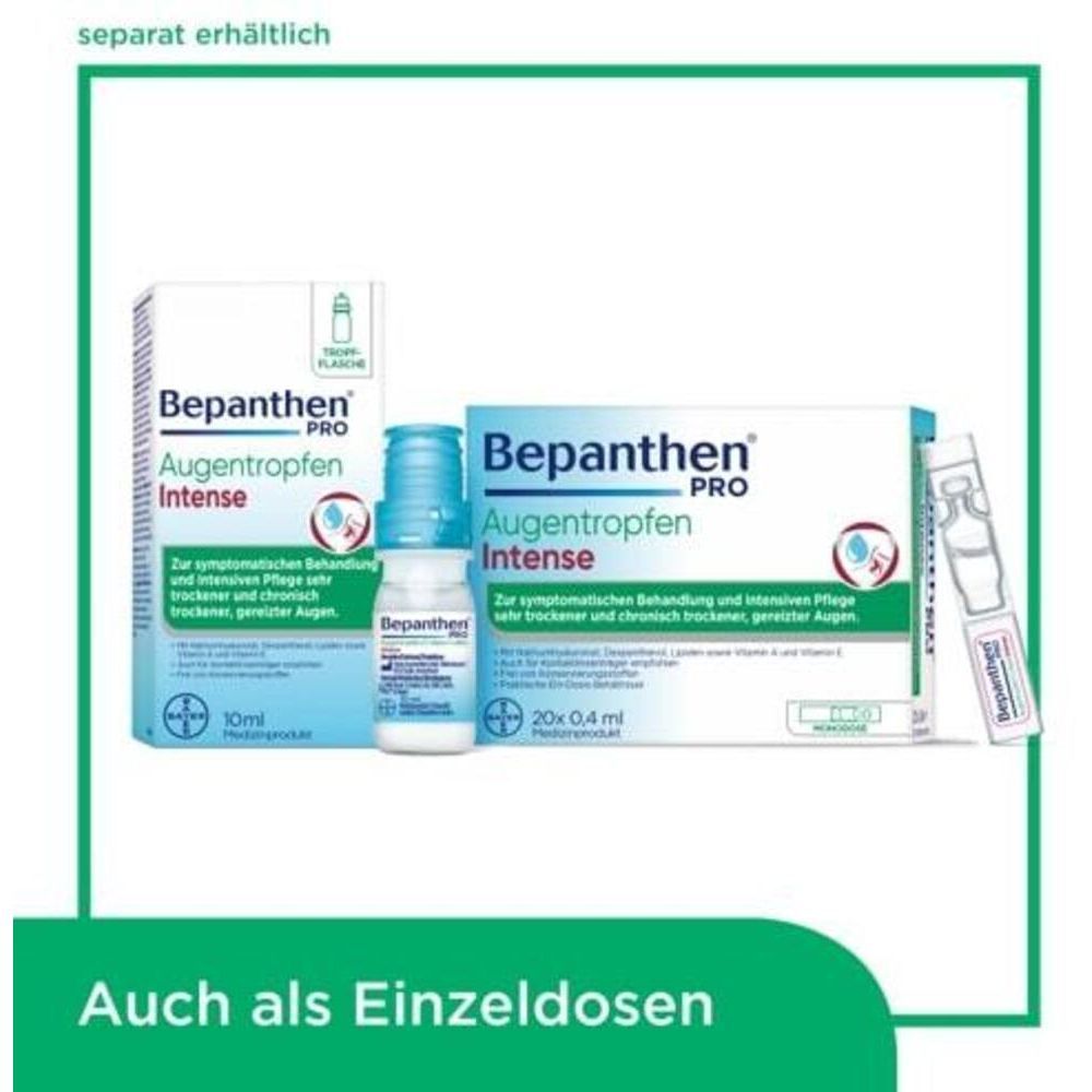 Bepanthen PRO Augentropfen Intense, flacon et emballage. Également disponible en doses uniques.
