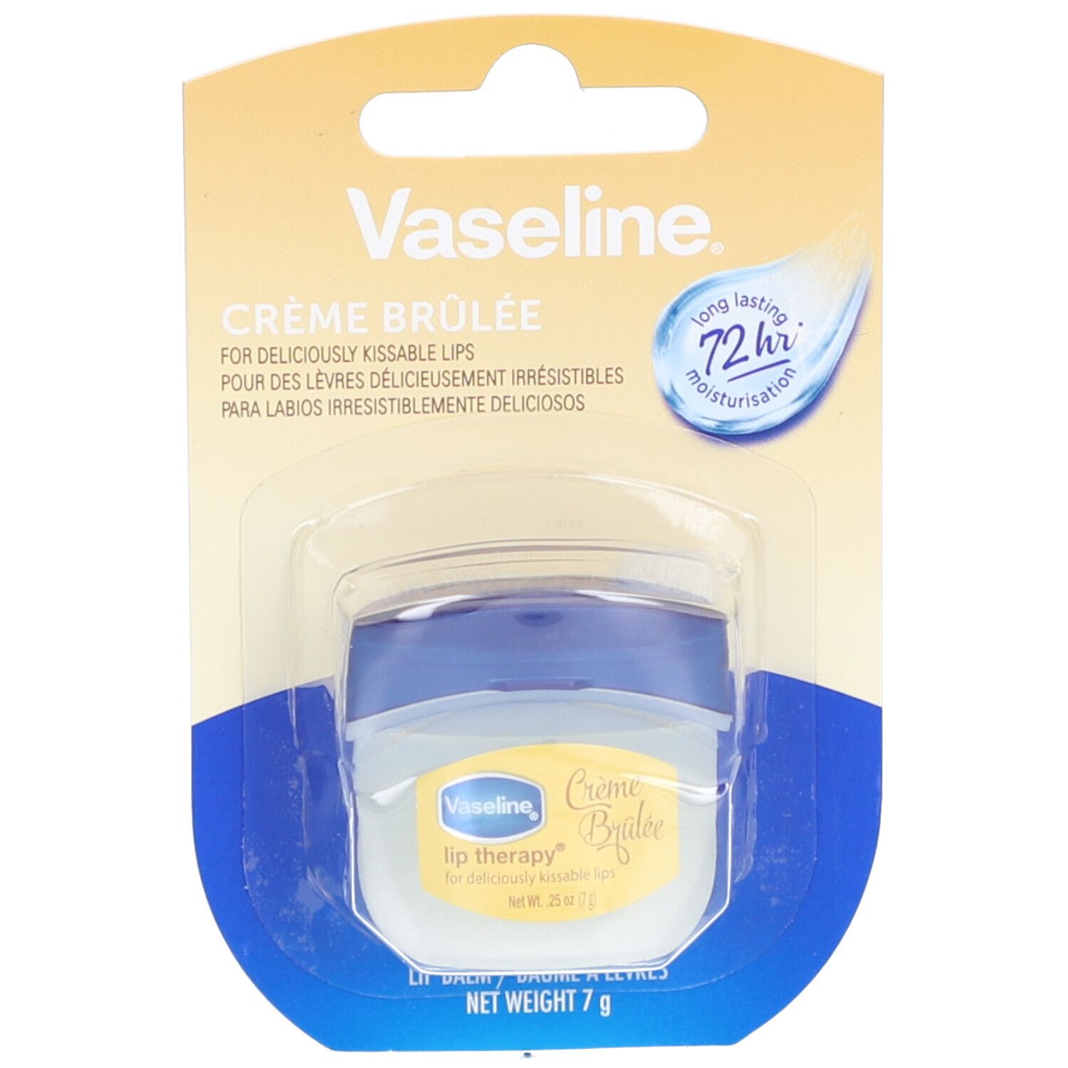Vaseline Lippenbalsam Crème Brulée in Blisterverpackung. Kleines, rundes Tiegelchen mit blauem Deckel. Produktname und Logo sichtbar.