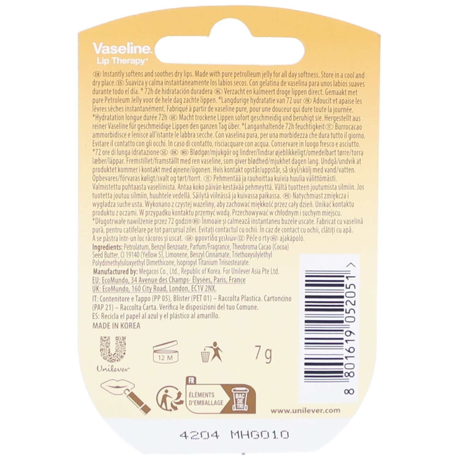 Rückseite der Blisterverpackung von Vaseline Lippenbalsam Crème Brulée. Textinformationen und Inhaltsstoffe. 7g Gewicht.