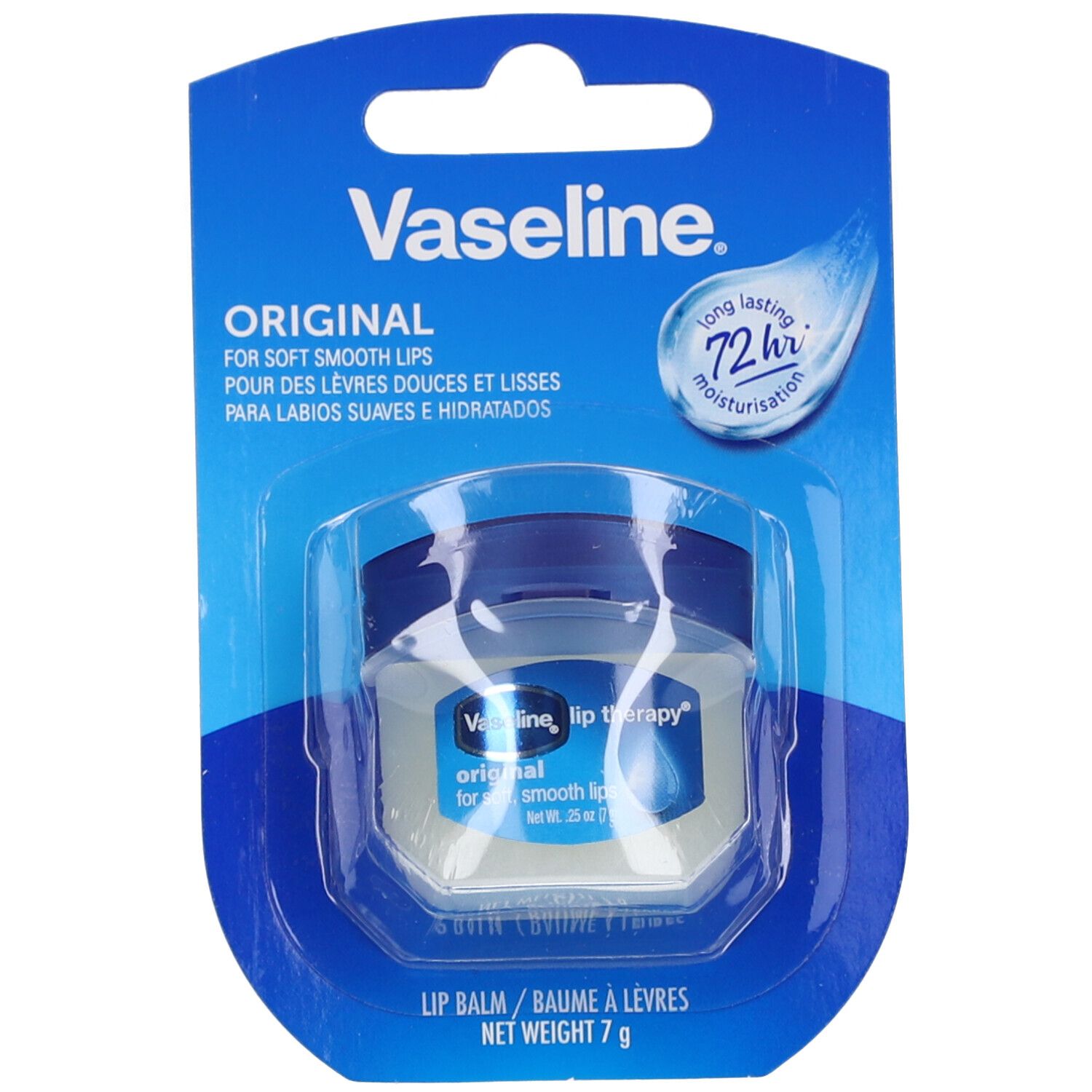 Vaseline Original baume à lèvres en emballage blister. Emballage bleu et blanc avec informations et logo.