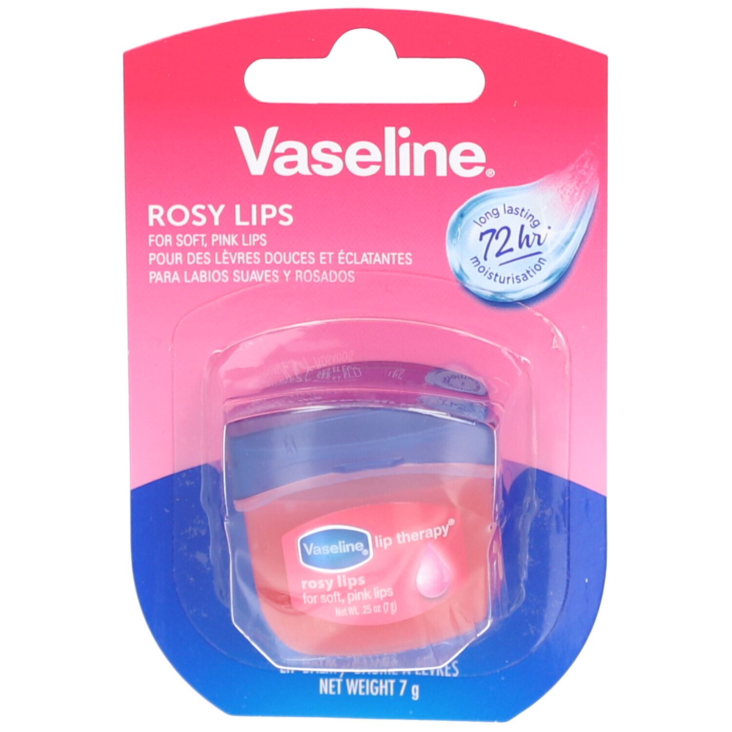 Vaseline Rosa Lippenbalsam in Blisterverpackung. Rosa und blaue Dose, 7g. "Rosy Lips" und "72h moisturisation" Text.