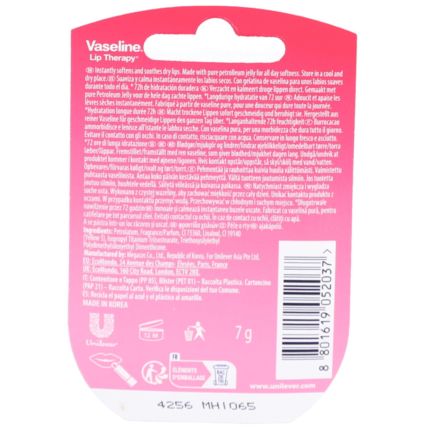 Rückseite der Vaseline Rosa Lippenbalsam Verpackung. Text in mehreren Sprachen, 7g. Unilever Logo und Recycling-Symbole.