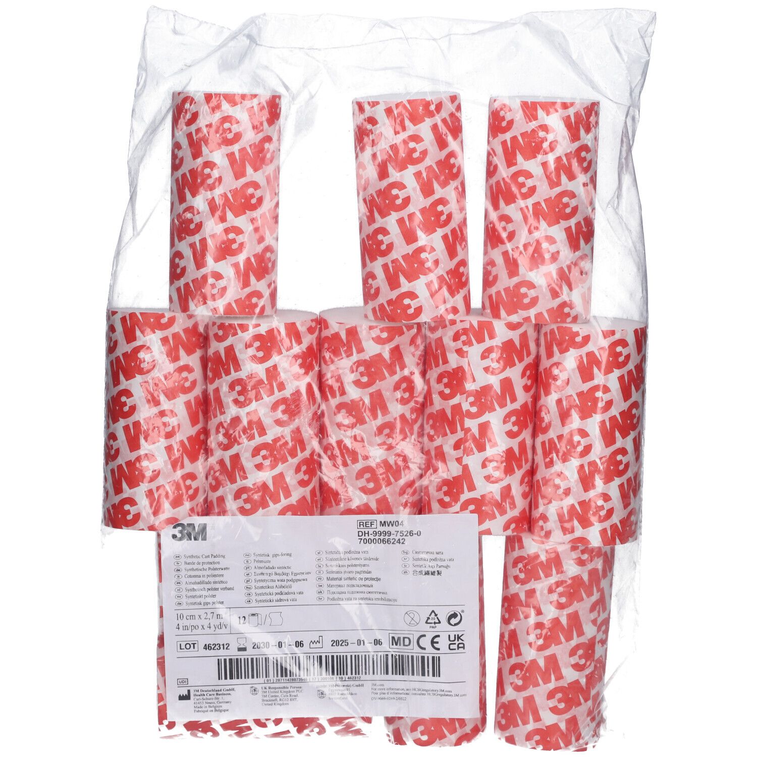 Verpackung mit mehreren Rollen Verbandsmaterial. Rote und weiße Rollen mit 3M-Logo. Klare Plastikverpackung mit Etikett.