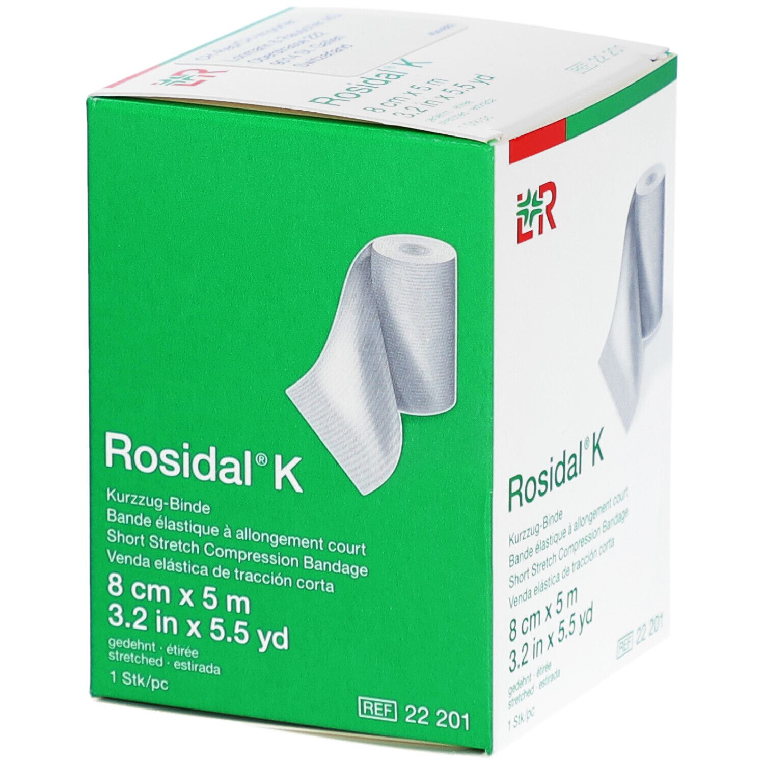 Rosidal® K, bandage à allongement court, 8 cm x 5 m. Boîte, vue de face et de côté. Nom et logo du produit visibles.