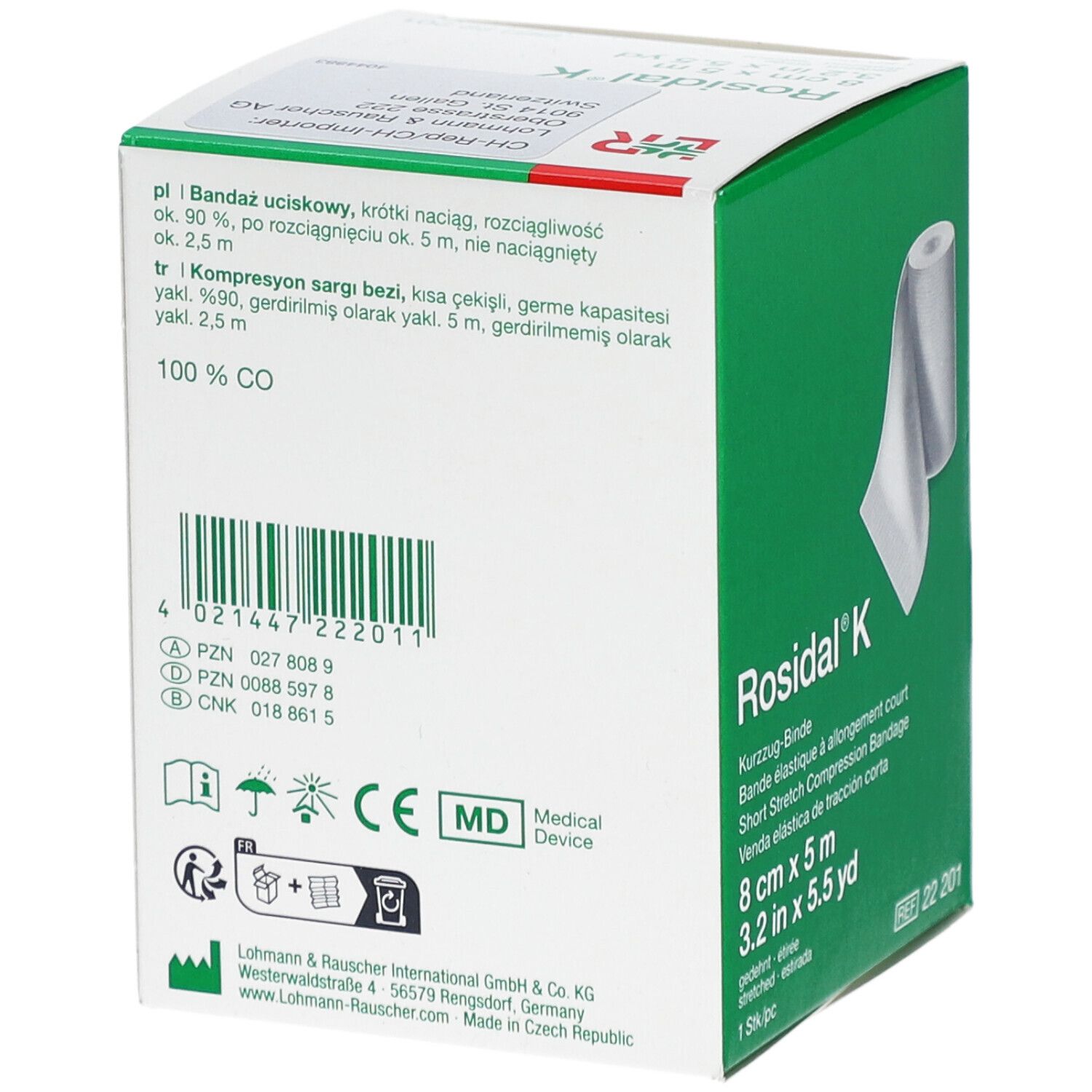 Dos de l'emballage Rosidal® K. Informations multilingues, marquage CE, adresse du fabricant.