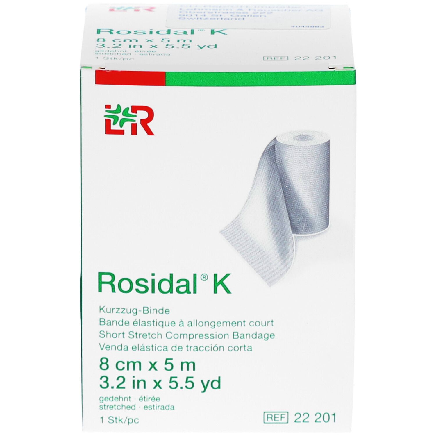 Rosidal® K, bandage à allongement court, 8 cm x 5 m. Boîte avec bandage et informations produit. Logo et nom de produit visibles.